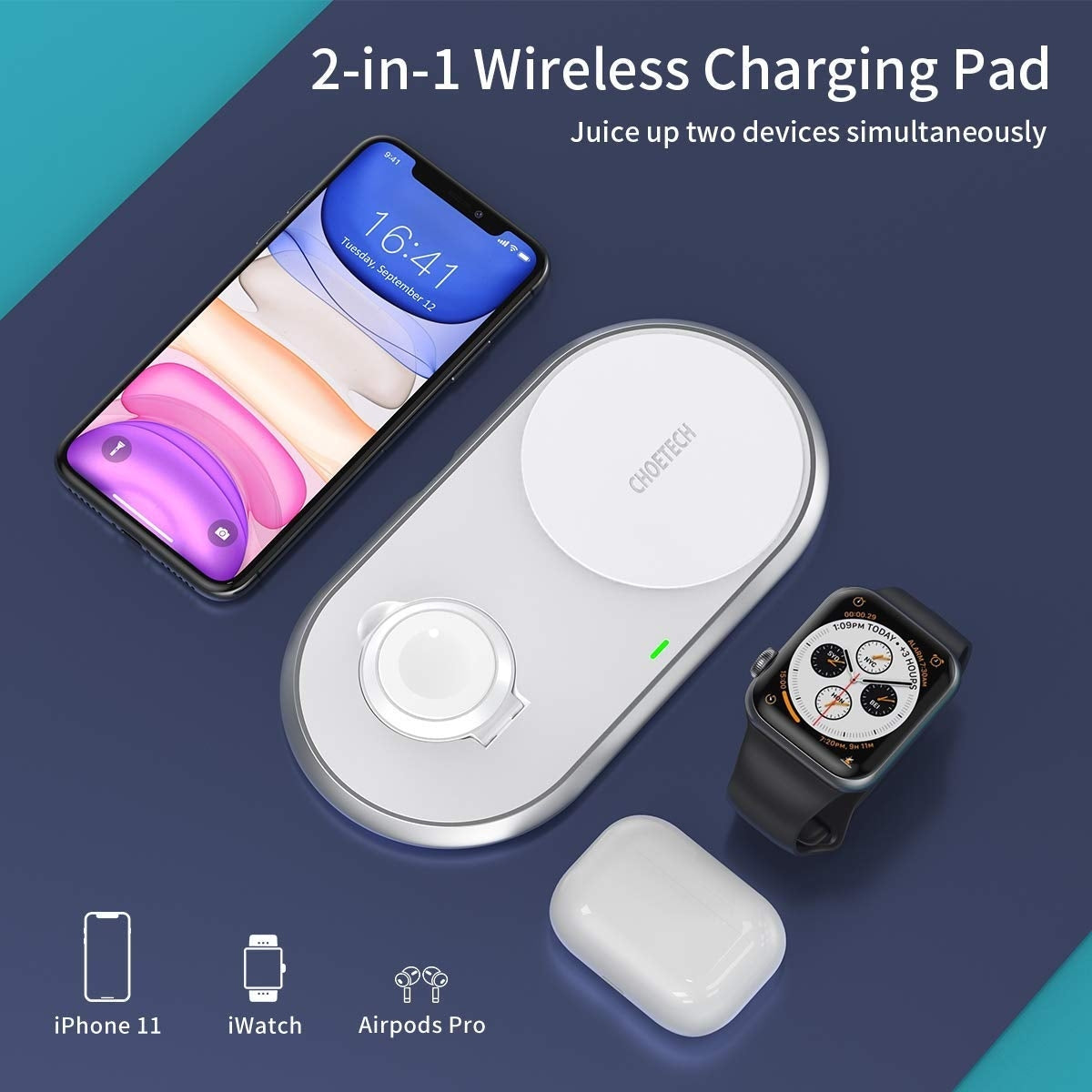 CHOETECH T317 2-in-1 Dual Wireless Charger Pad (MFI Certified) 3