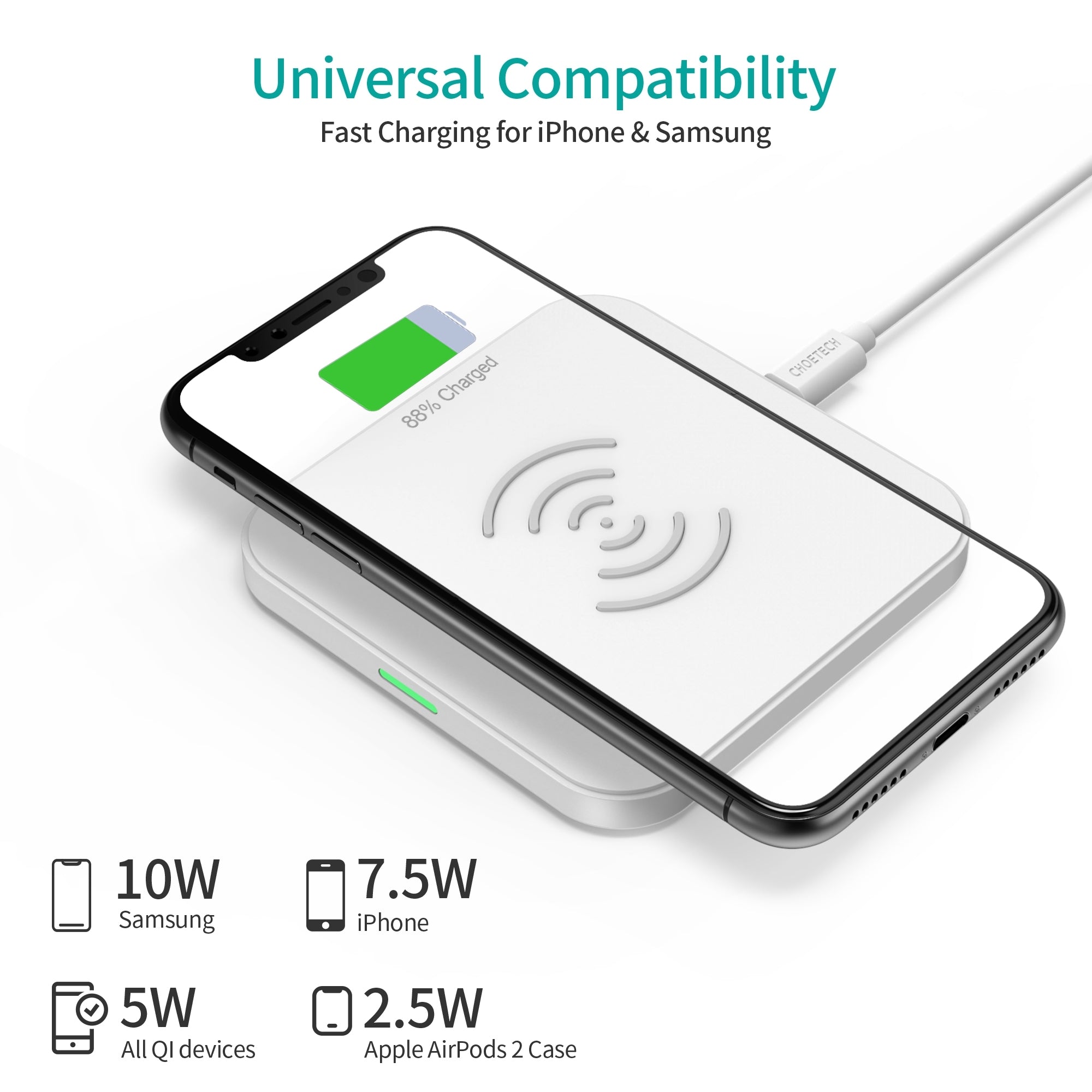CHOETECH T511-S 10W/7.5W Fast Wireless Charger Pad (White) 4