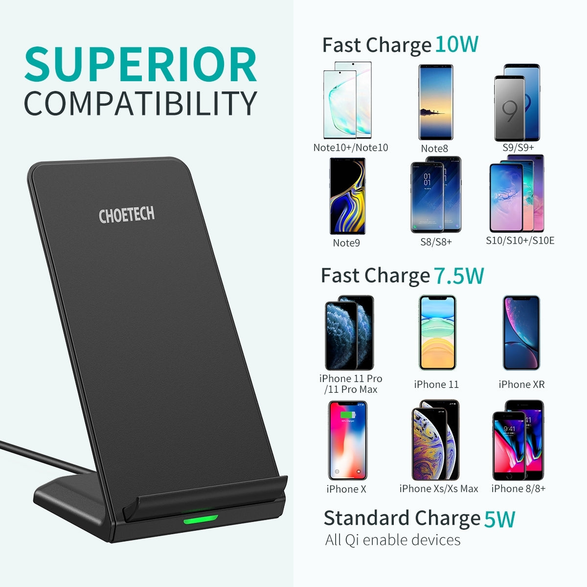 CHOETECH T524S 10W/7.5W Fast Wireless Charging Stand with AC Adapter 6