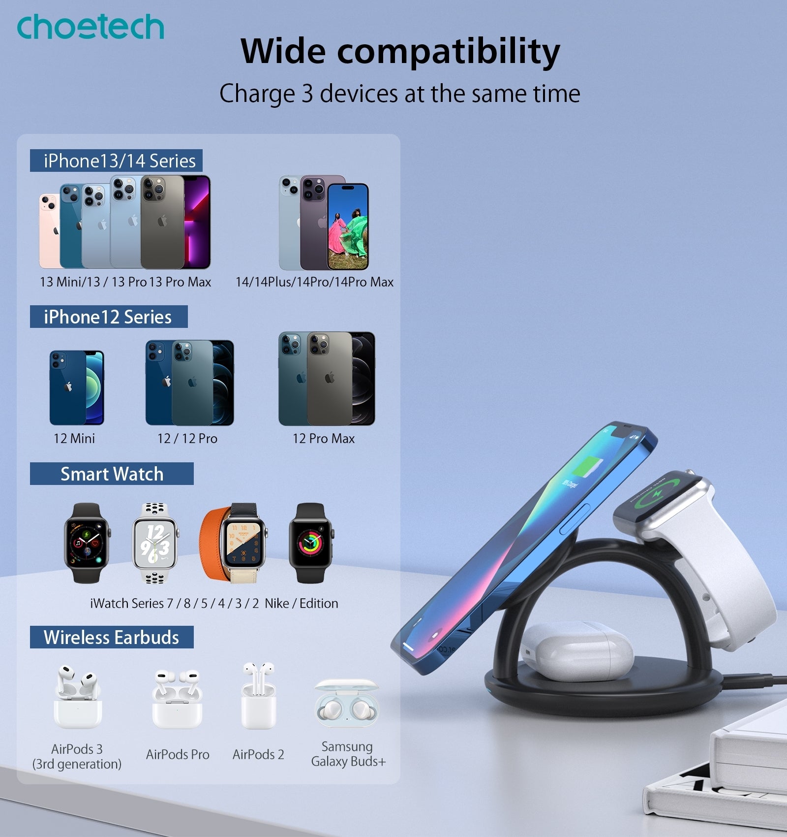 CHOETECH T587-F 3-in-1 Magnetic Wireless Charger Station for iPhone 12/13/14/AirPods Pro/iWatch 9