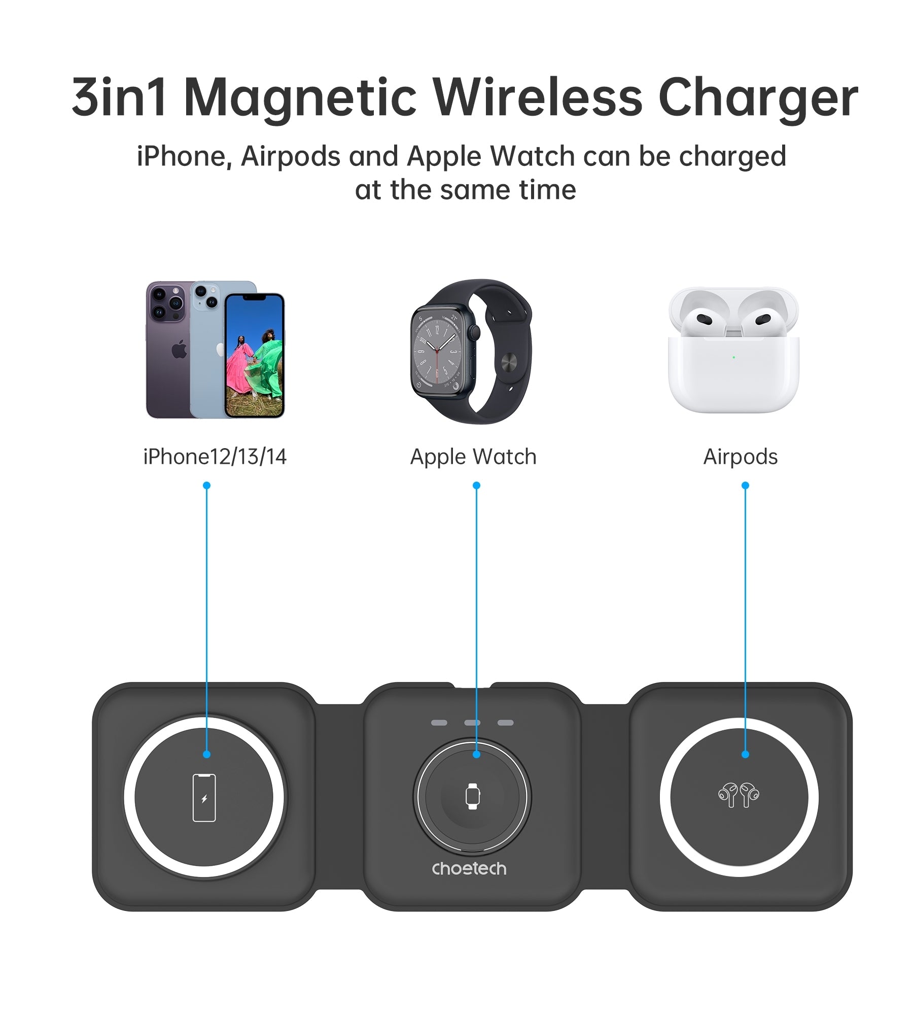 CHOETECH T588-F-BK 3-in-1 Foldable Fast Wireless Charger for Phone/Watch/Earphone 4