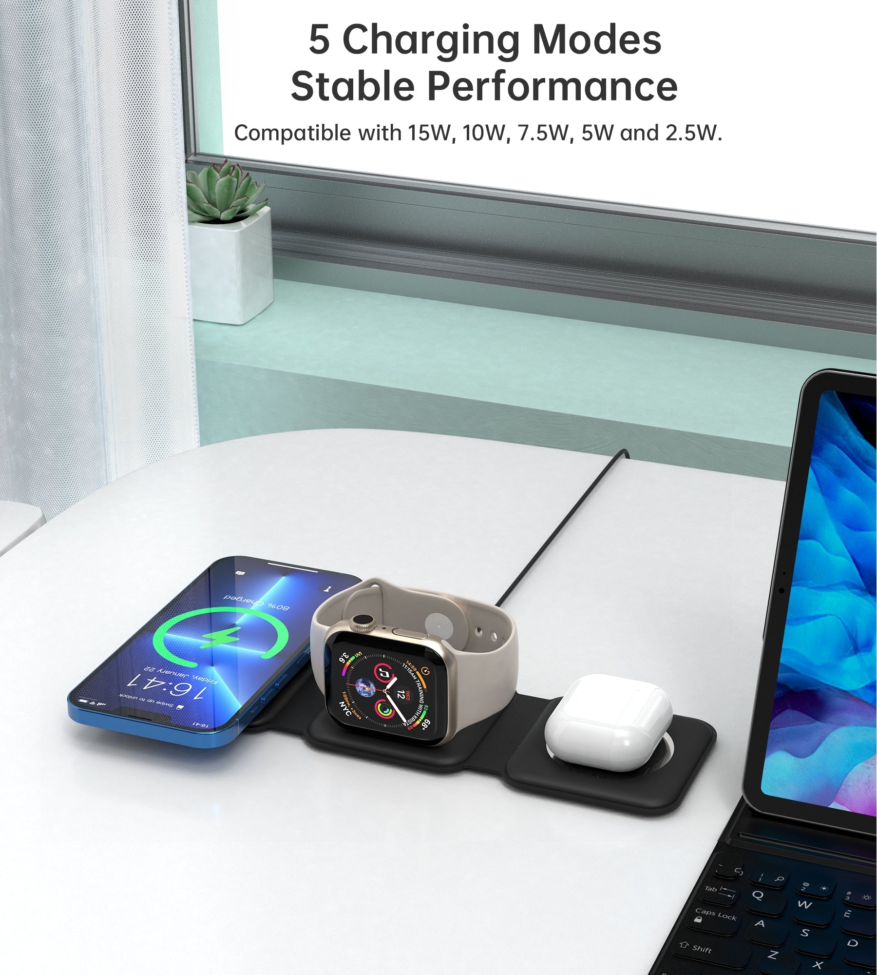 CHOETECH T588-F-BK 3-in-1 Foldable Fast Wireless Charger for Phone/Watch/Earphone 9
