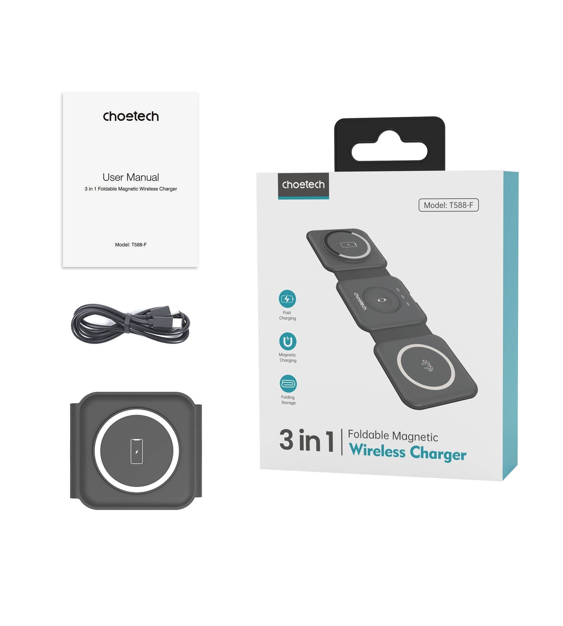CHOETECH T588-F-BK 3-in-1 Foldable Fast Wireless Charger for Phone/Watch/Earphone 11