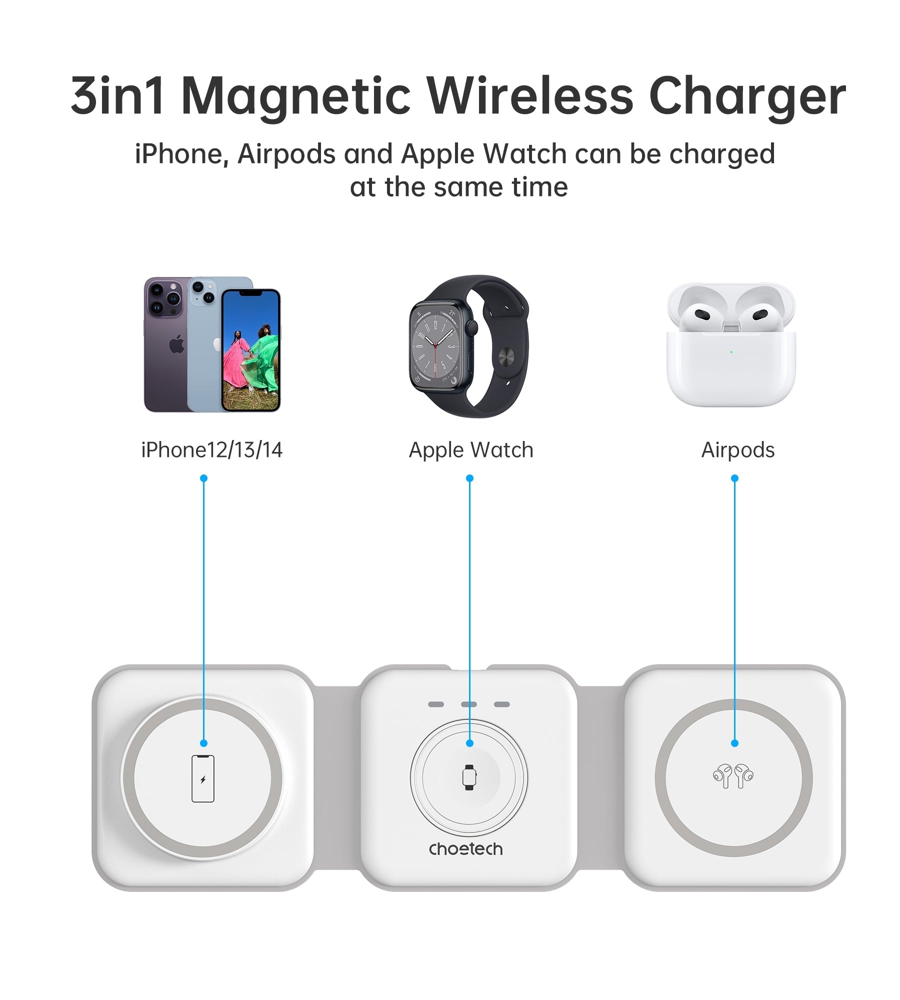 CHOETECH T588-F-WH 3-in-1 Foldable Fast Wireless Charger for Phone/Watch/Earphone 4