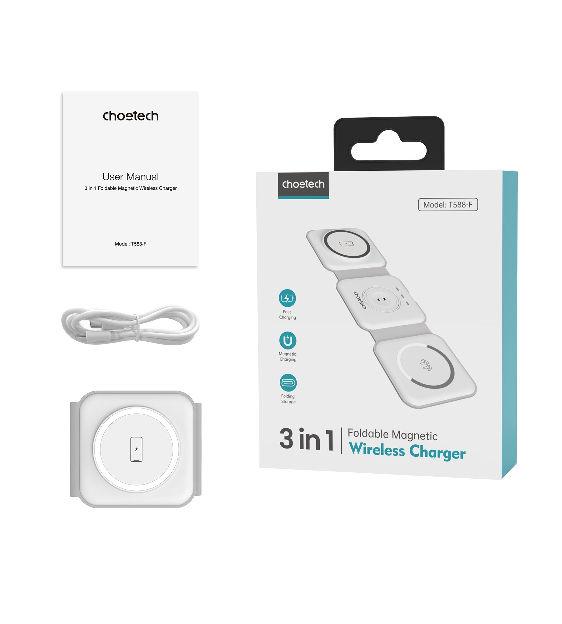 CHOETECH T588-F-WH 3-in-1 Foldable Fast Wireless Charger for Phone/Watch/Earphone 11