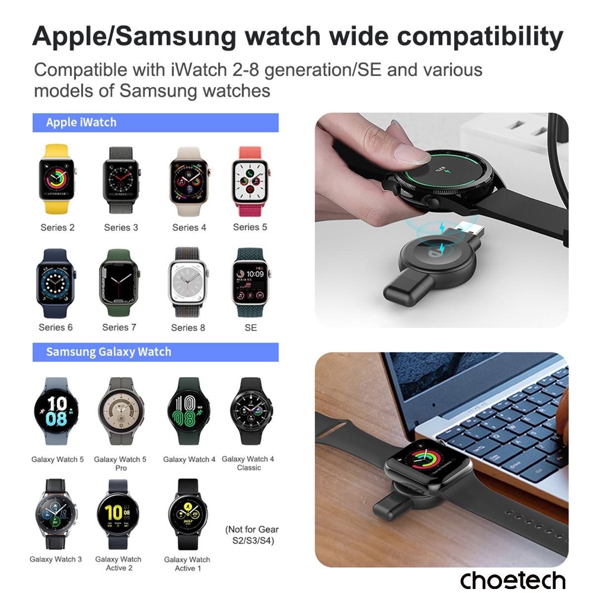 CHOETECH T606-F USB-A +USB-C Magnetic Charger for Samsung & Apple Watch 3