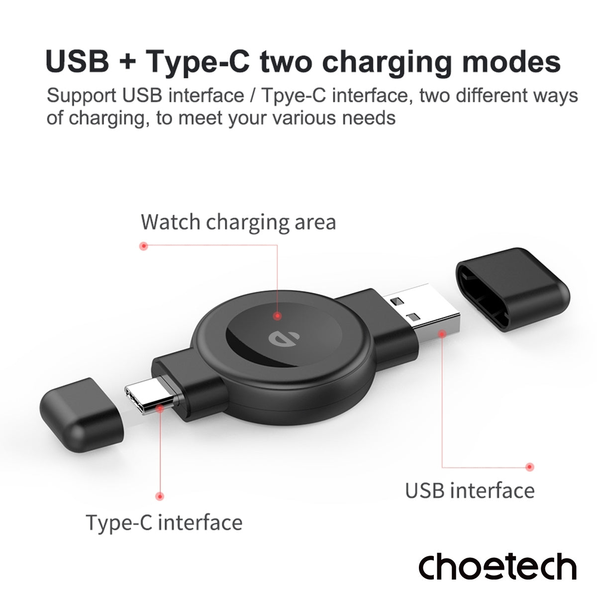 CHOETECH T606-F USB-A +USB-C Magnetic Charger for Samsung & Apple Watch 4