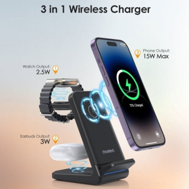 CHOETECH T608-F-BK 15W 4-in-1 Wireless Charger Stand for iWatch and Samsung Watch (Black) 3