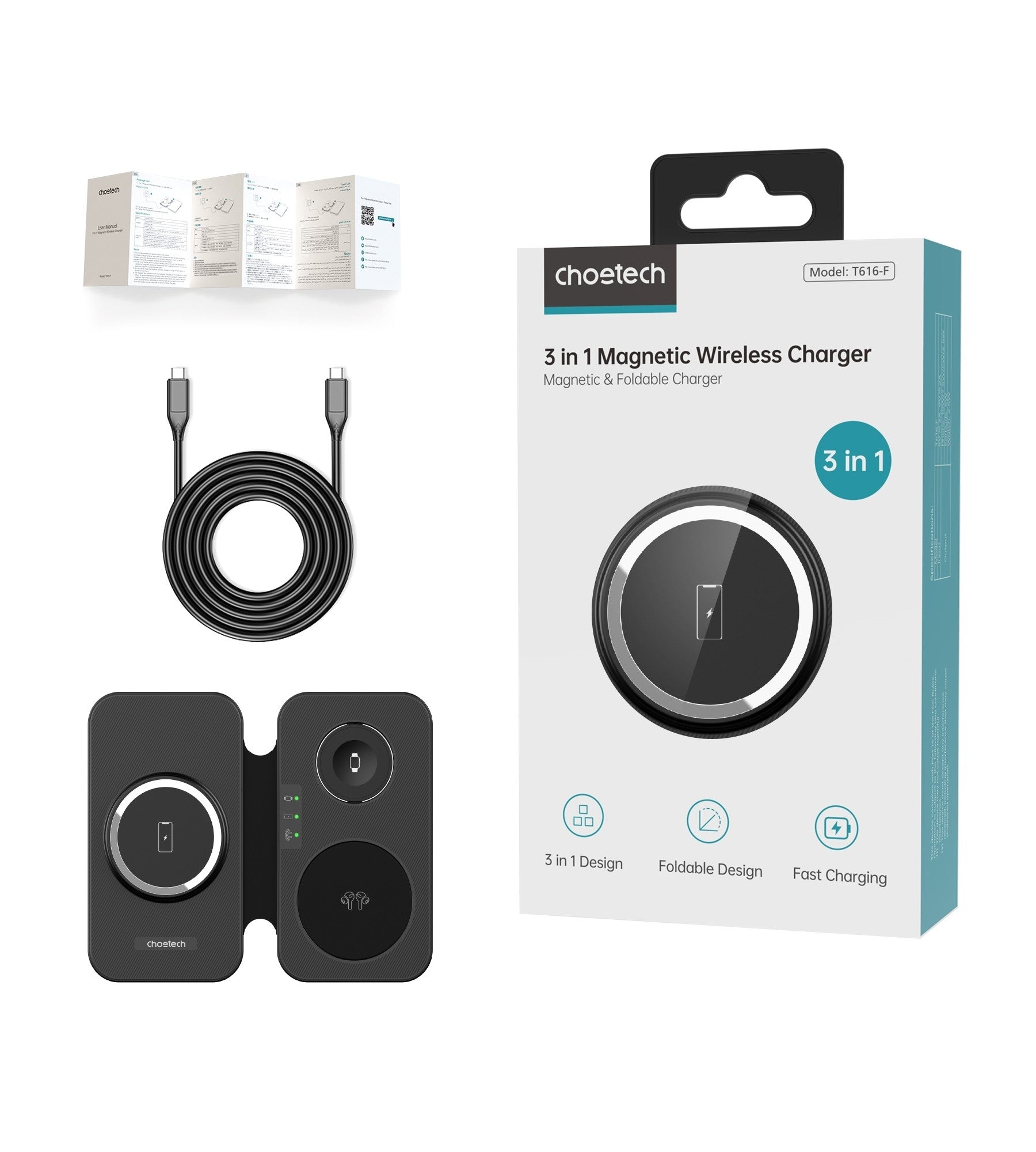 CHOETECH T616-F-BK 3in1 Magnetic Foldable Wireless Charger Black 3