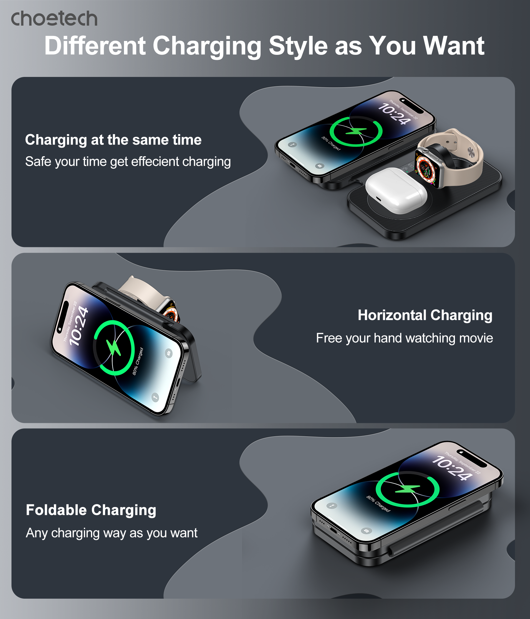 CHOETECH T616-F-BK 3in1 Magnetic Foldable Wireless Charger Black 5