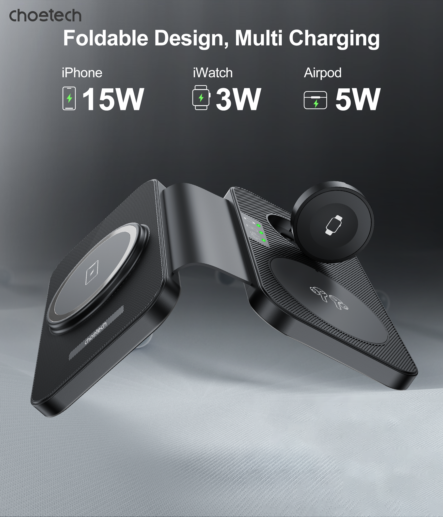 CHOETECH T616-F-BK 3in1 Magnetic Foldable Wireless Charger Black 6