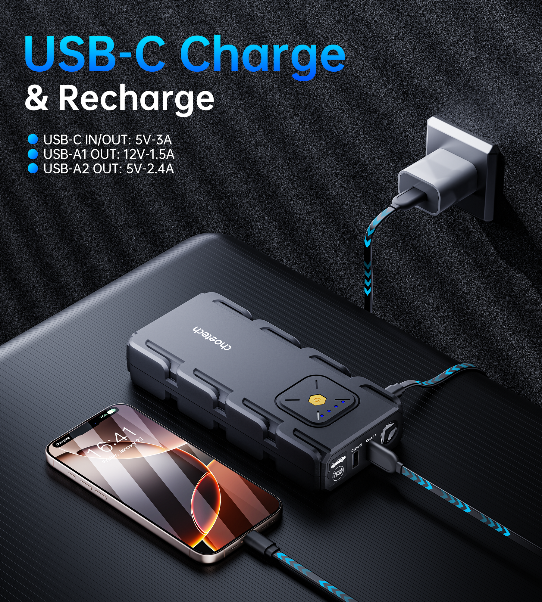 CHOETECH TC0009 16000mAh Portable Car Jump Starter with Emergency Light 4