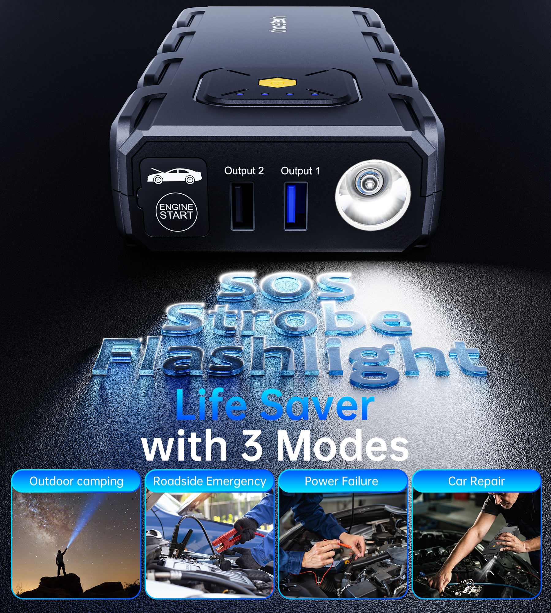 CHOETECH TC0009 16000mAh Portable Car Jump Starter with Emergency Light 6
