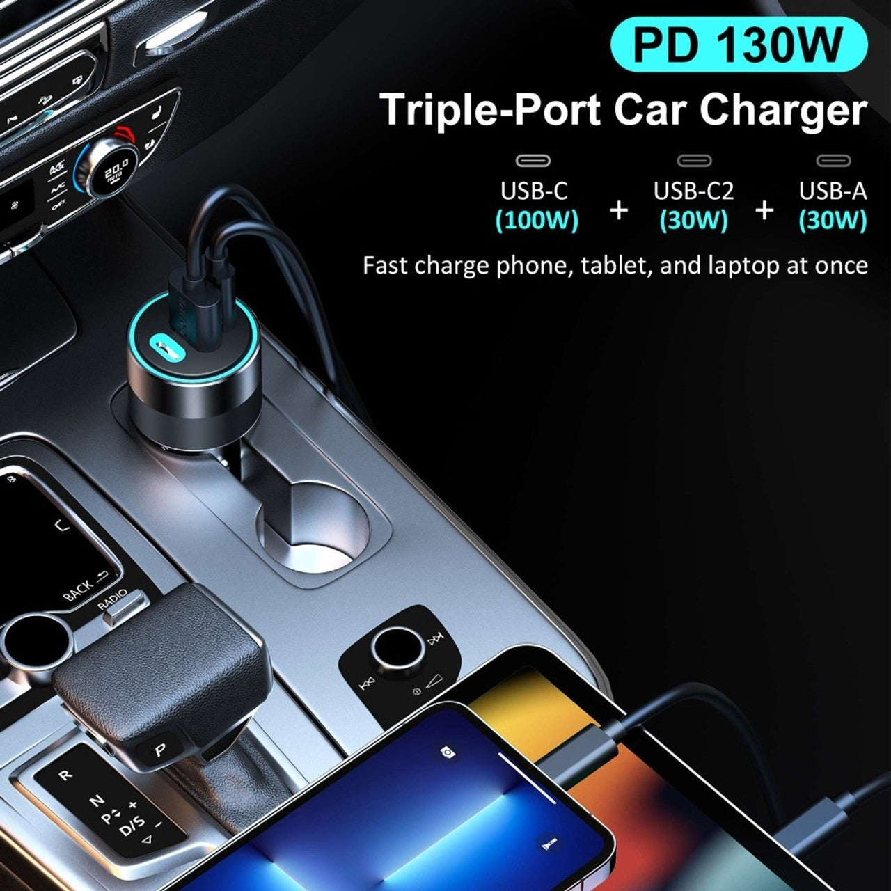 CHOETECH TC0011 130W 3 Ports (Dual USB-C Port PD3.0 + USB-A Port) Fast Car Charger 3