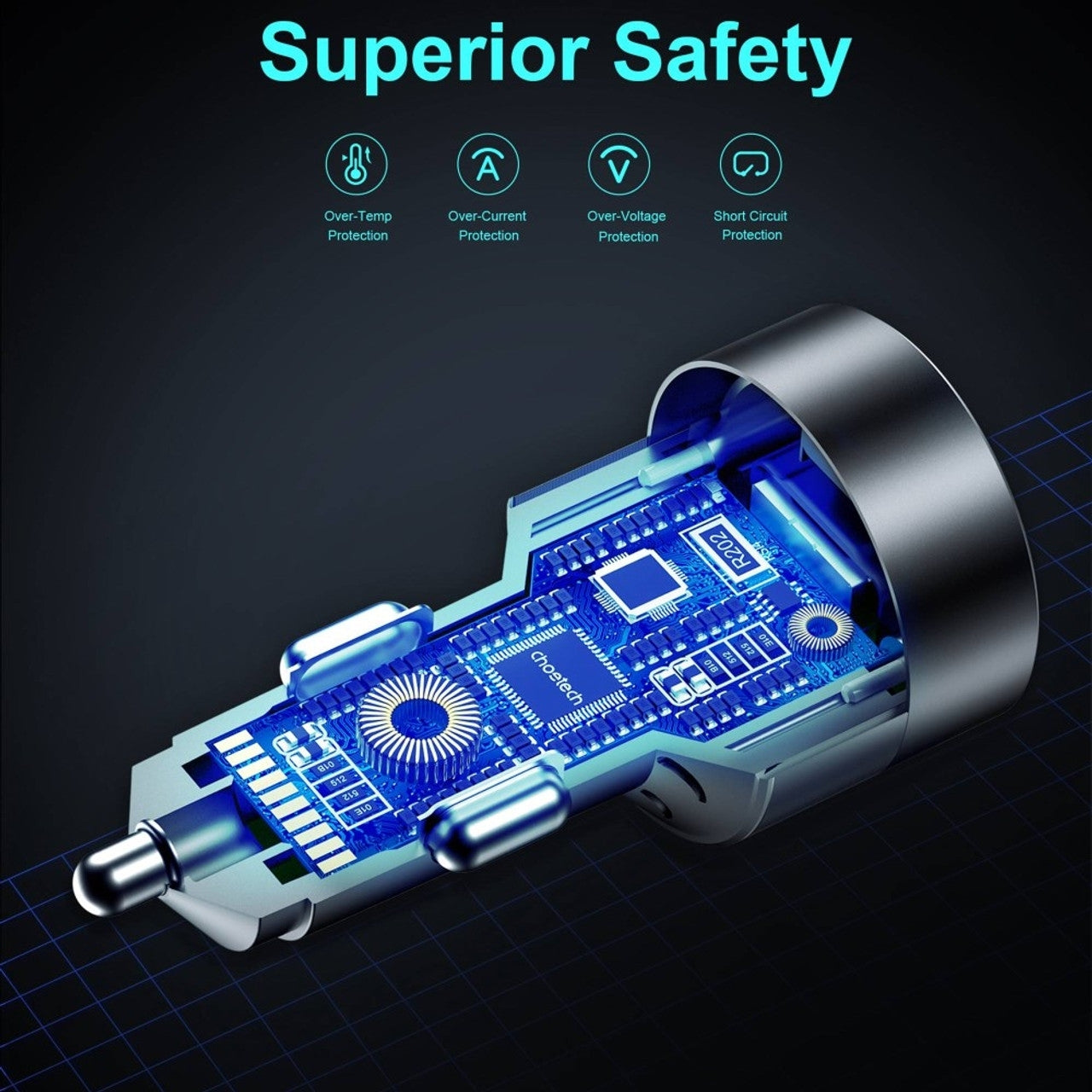 CHOETECH TC0011 130W 3 Ports (Dual USB-C Port PD3.0 + USB-A Port) Fast Car Charger 7
