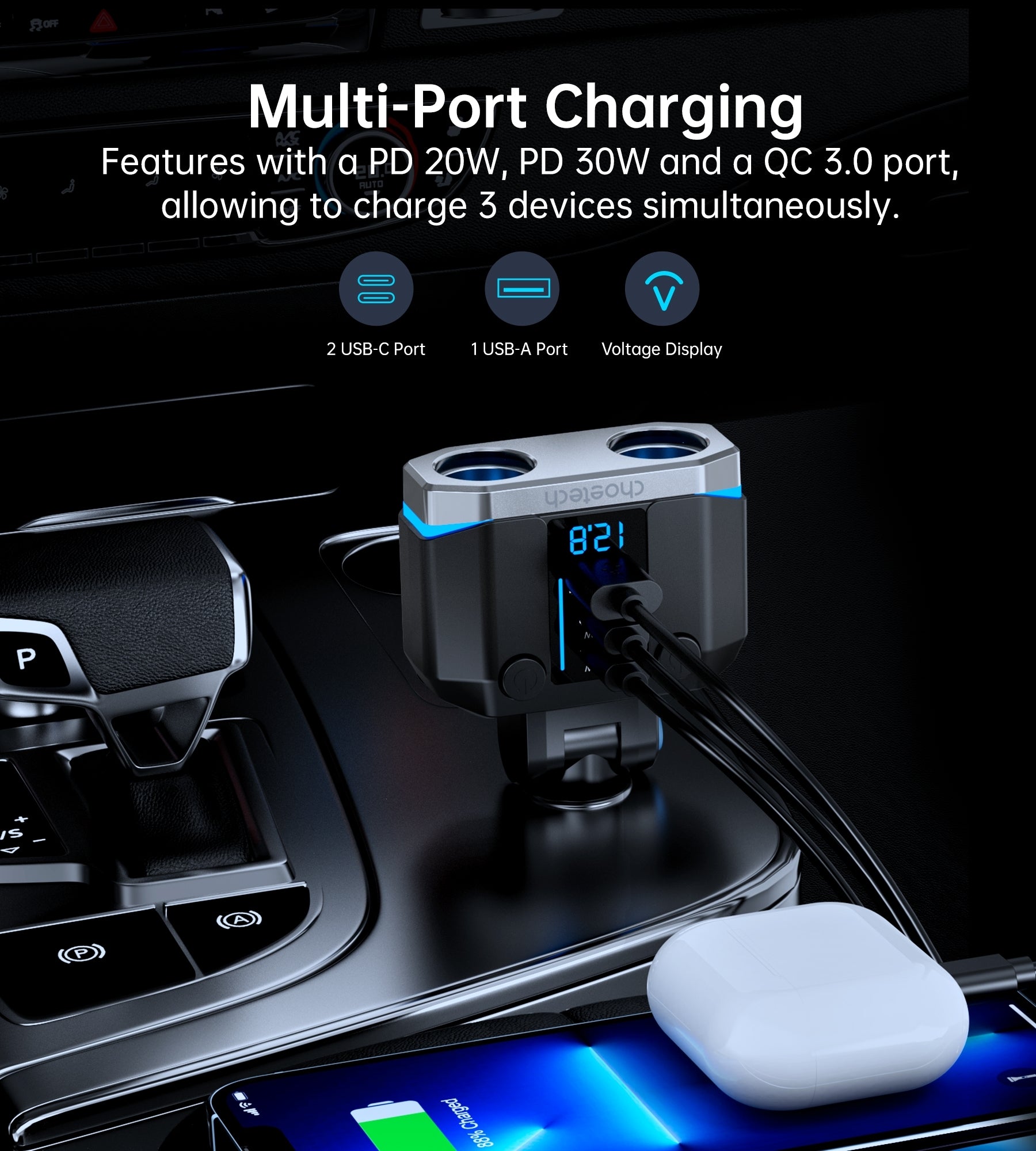 CHOETECH TC0020 45W 2 Sockets + 2x USB-C + 1x USB-A Cigarette Lighter Splitter 3