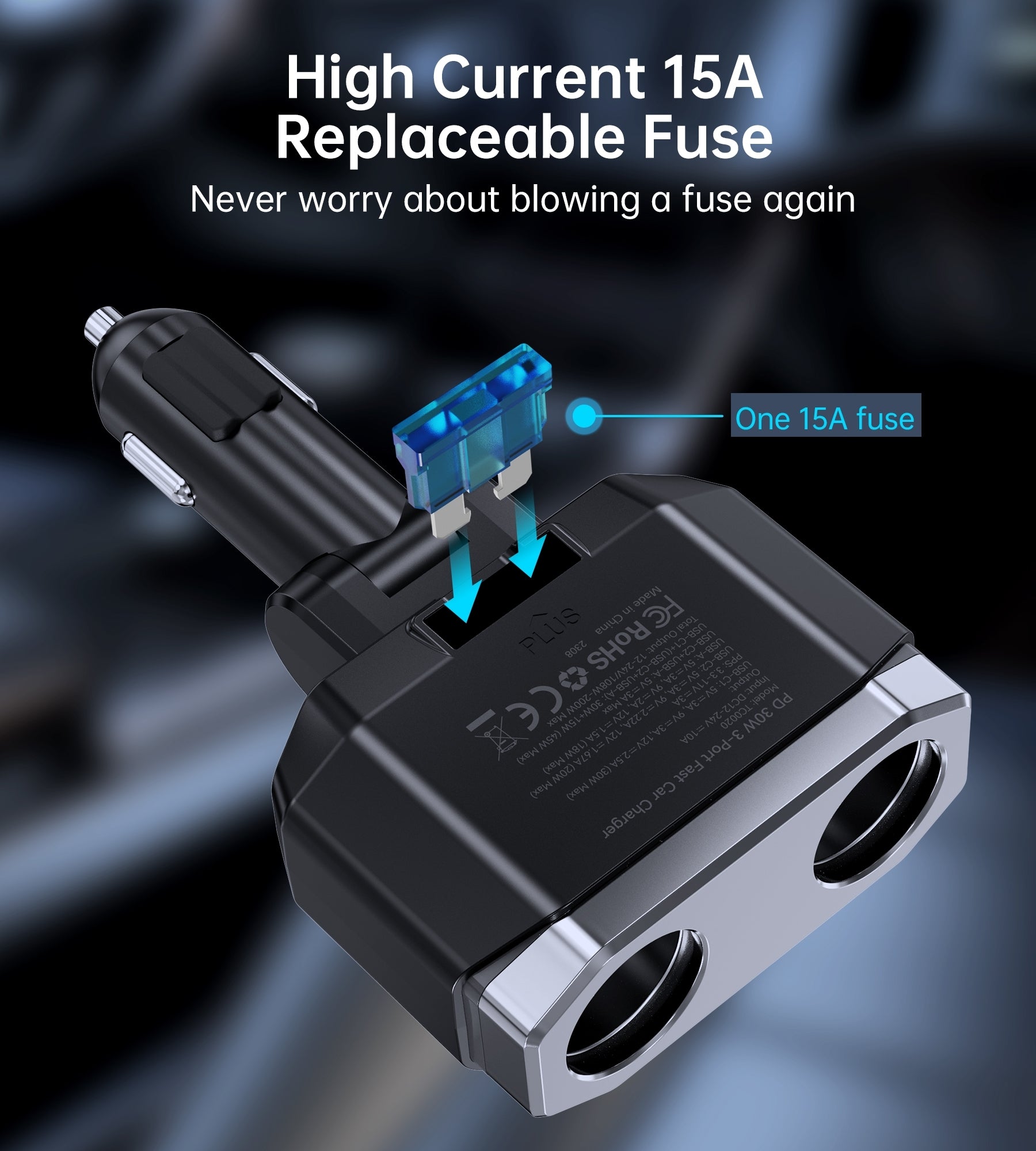 CHOETECH TC0020 45W 2 Sockets + 2x USB-C + 1x USB-A Cigarette Lighter Splitter 6