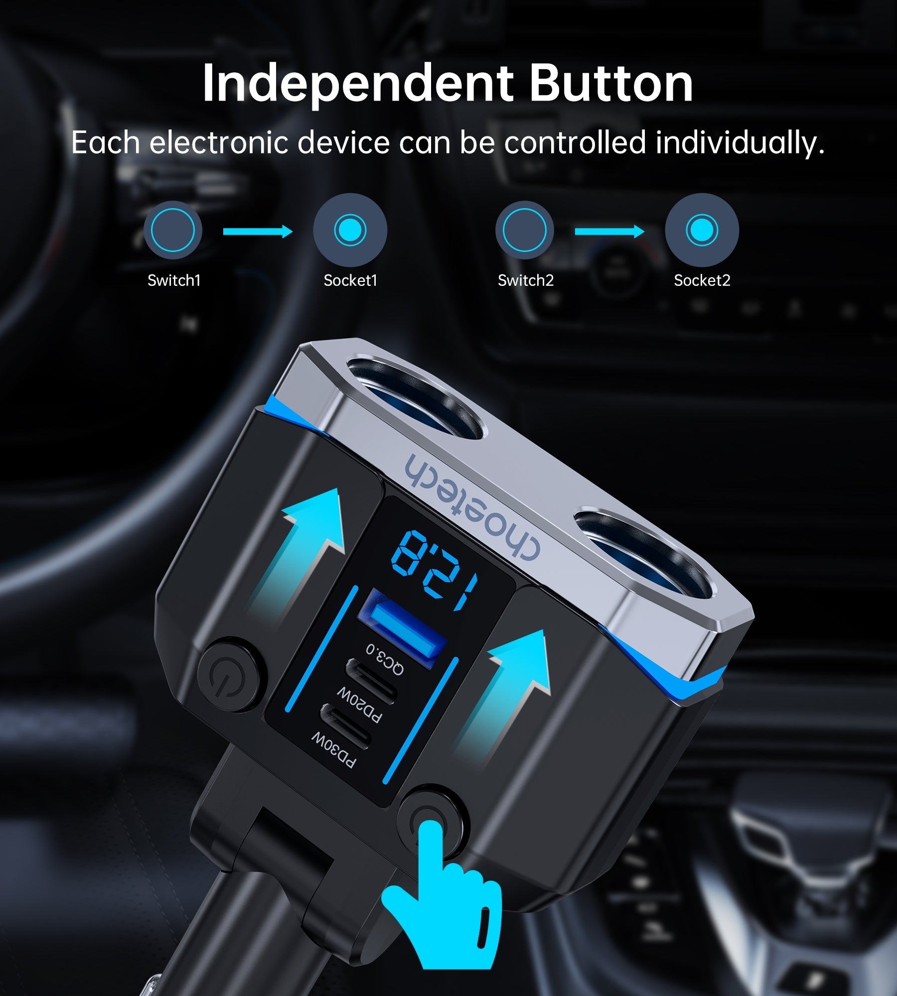 CHOETECH TC0020 45W 2 Sockets + 2x USB-C + 1x USB-A Cigarette Lighter Splitter 7