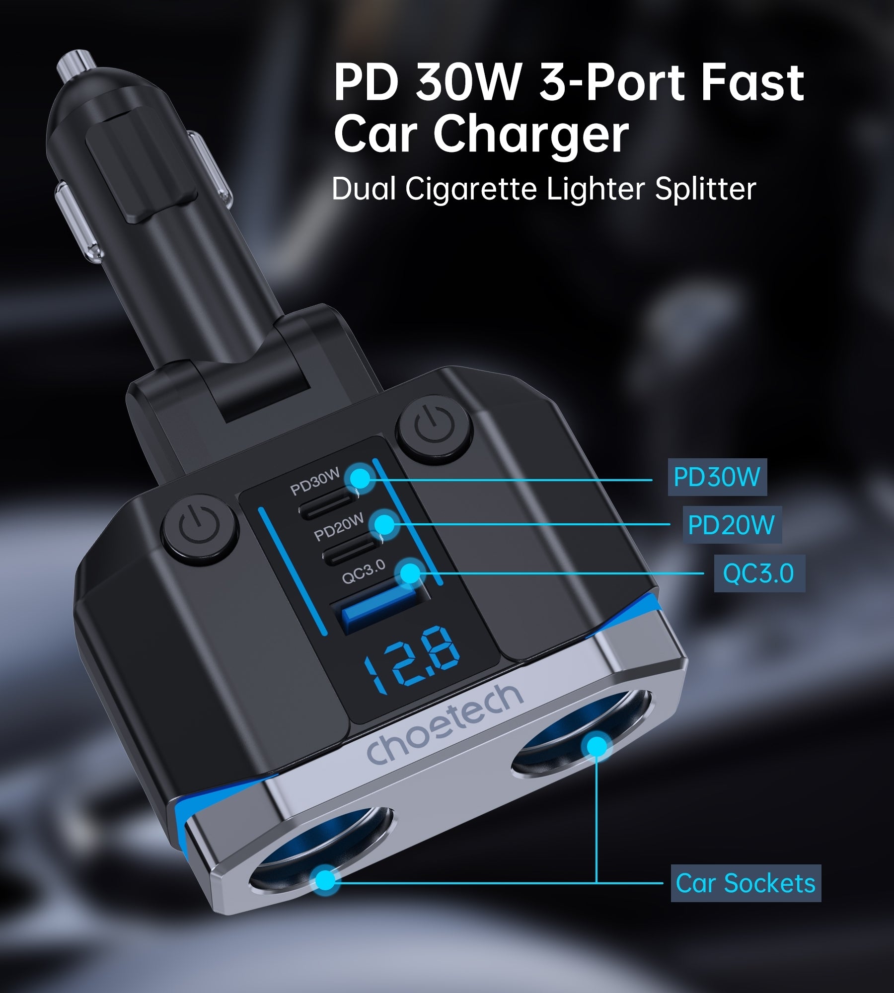CHOETECH TC0020 45W 2 Sockets + 2x USB-C + 1x USB-A Cigarette Lighter Splitter 9