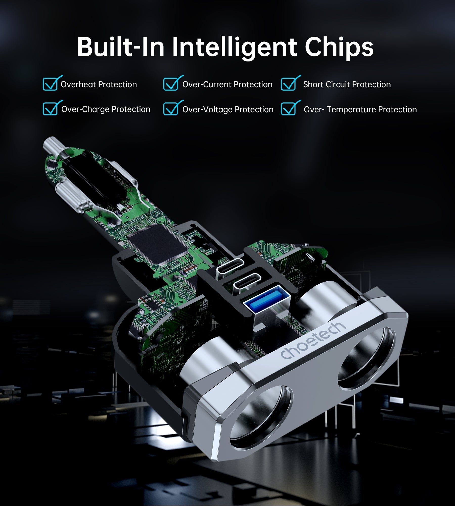 CHOETECH TC0020 45W 2 Sockets + 2x USB-C + 1x USB-A Cigarette Lighter Splitter 10