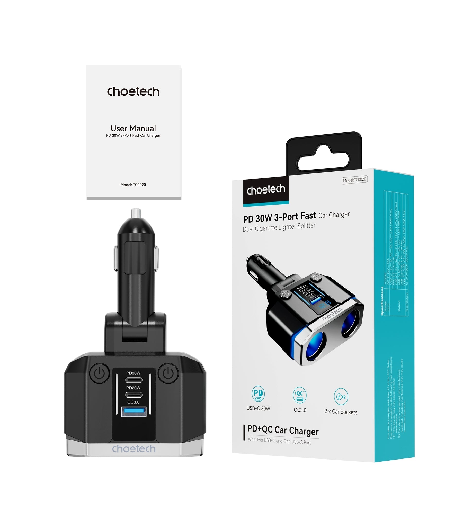 CHOETECH TC0020 45W 2 Sockets + 2x USB-C + 1x USB-A Cigarette Lighter Splitter 11