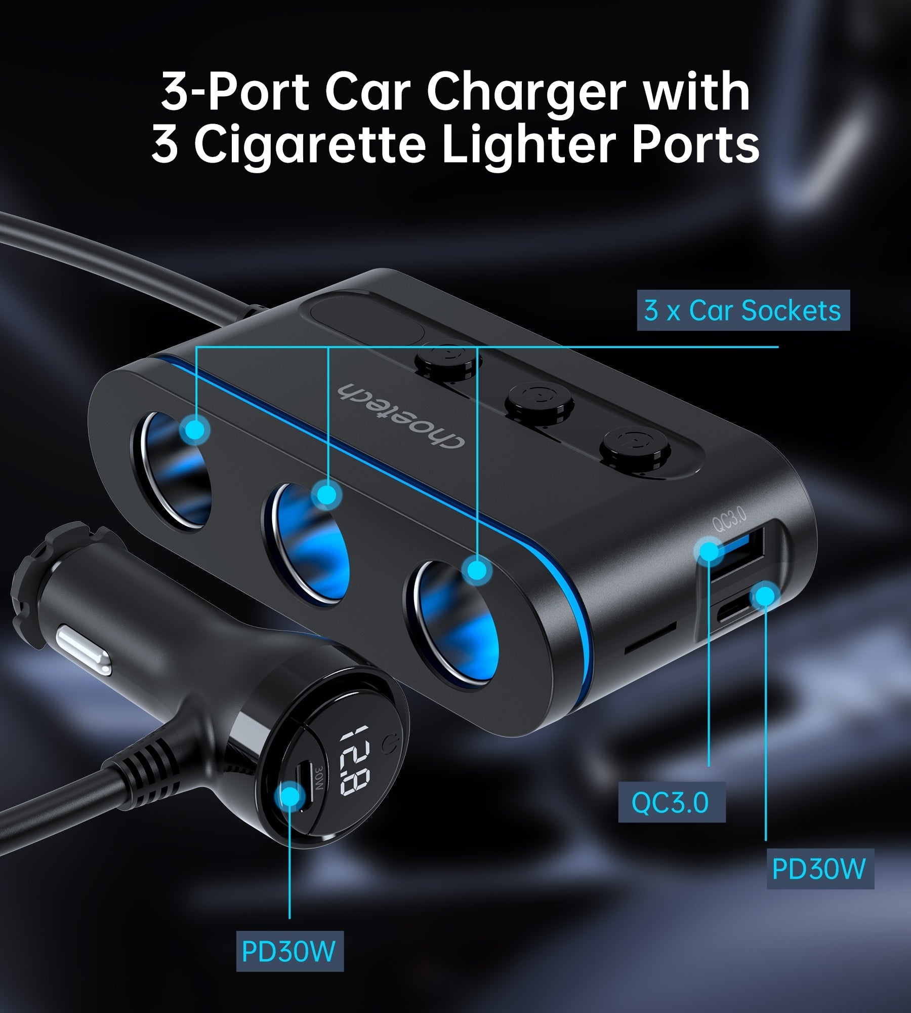 CHOETECH TC0021 3 Sockets 2C+1A Cigarette Lighter Splitter Black 6