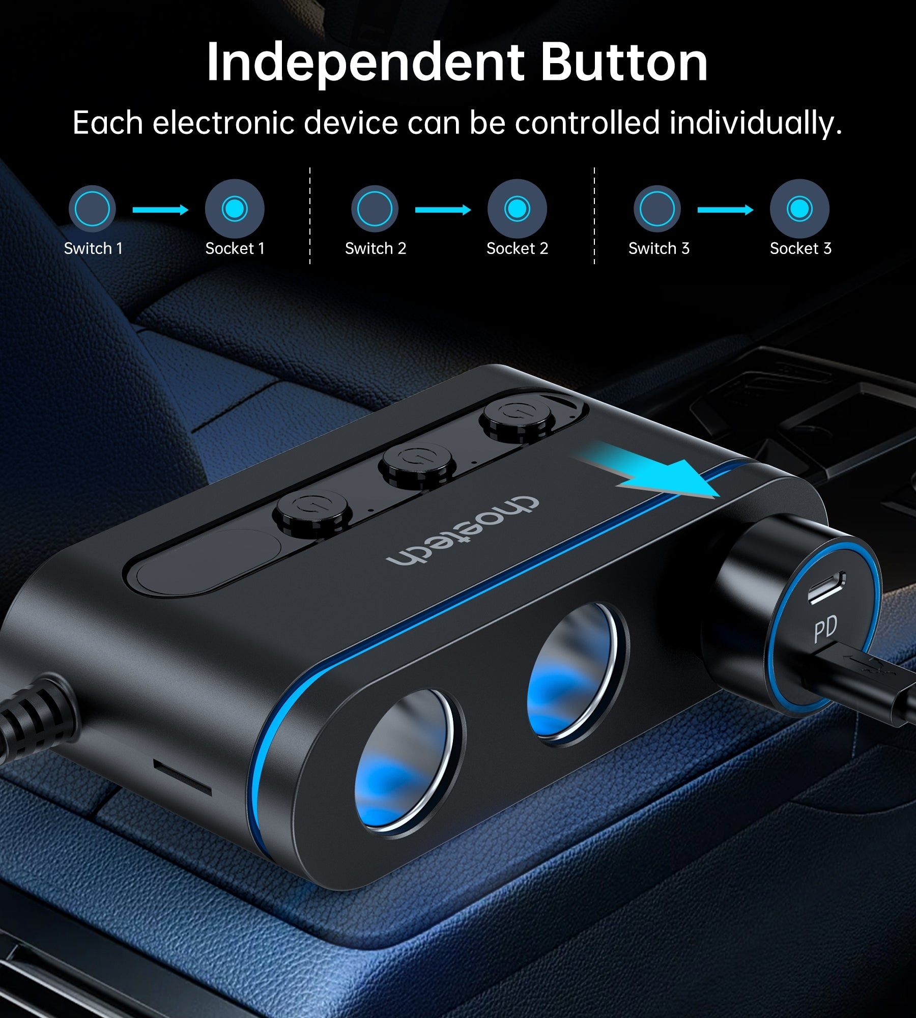 CHOETECH TC0021 3 Sockets 2C+1A Cigarette Lighter Splitter Black 7