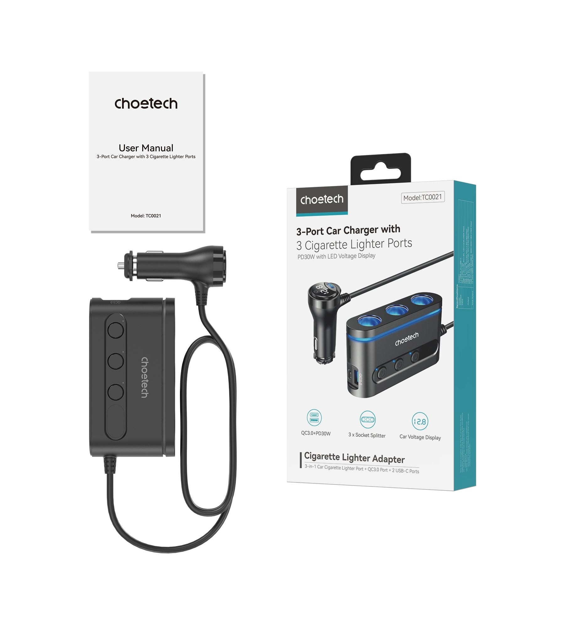 CHOETECH TC0021 3 Sockets 2C+1A Cigarette Lighter Splitter Black 8
