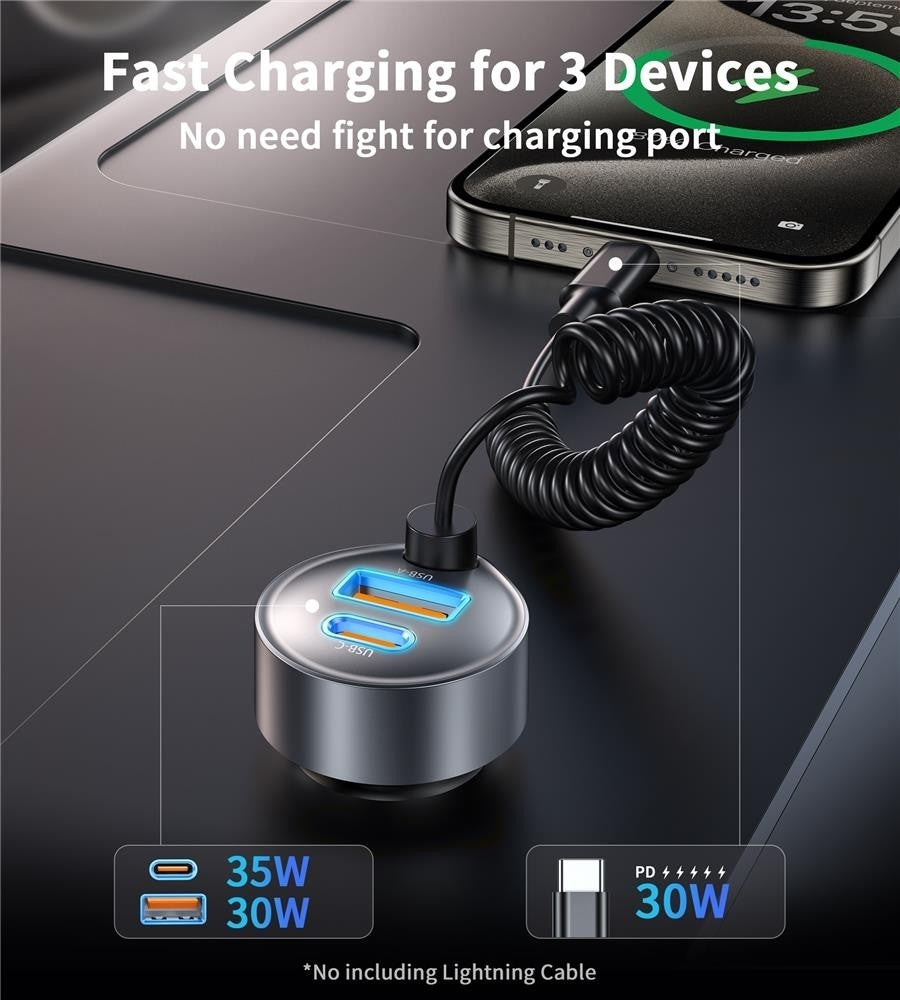 CHOETECH TC0030 65W 3-Port Fast Car Charger with 3.3ft Type-C Stretchable Cable 3