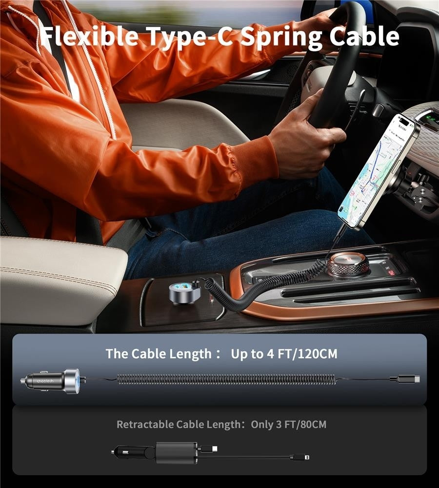 CHOETECH TC0030 65W 3-Port Fast Car Charger with 3.3ft Type-C Stretchable Cable 4