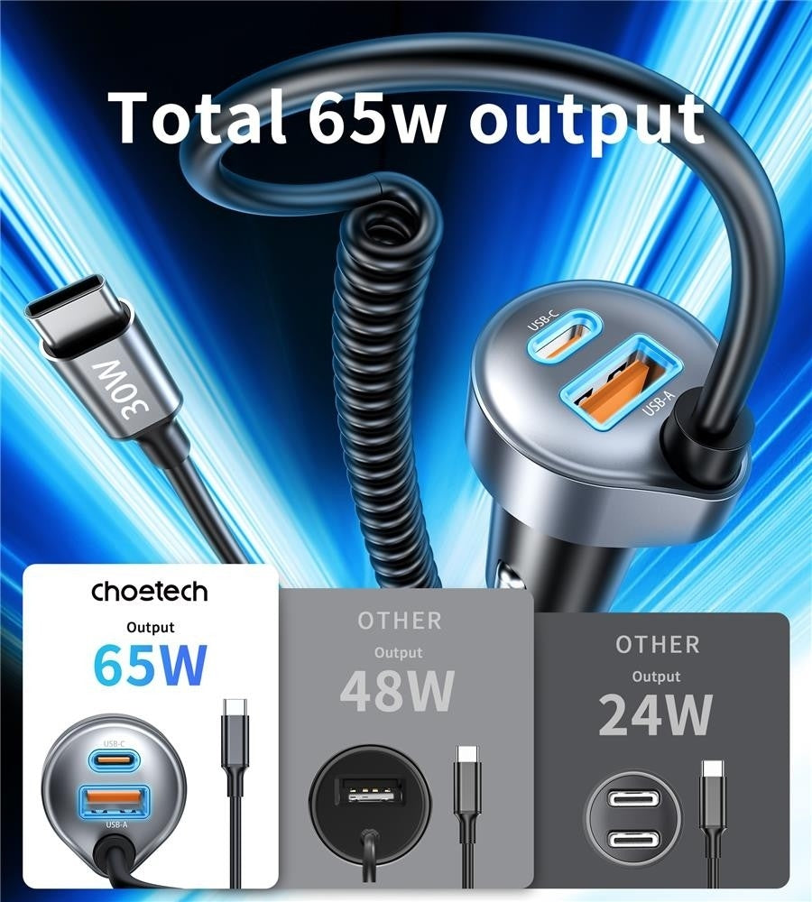 CHOETECH TC0030 65W 3-Port Fast Car Charger with 3.3ft Type-C Stretchable Cable 5
