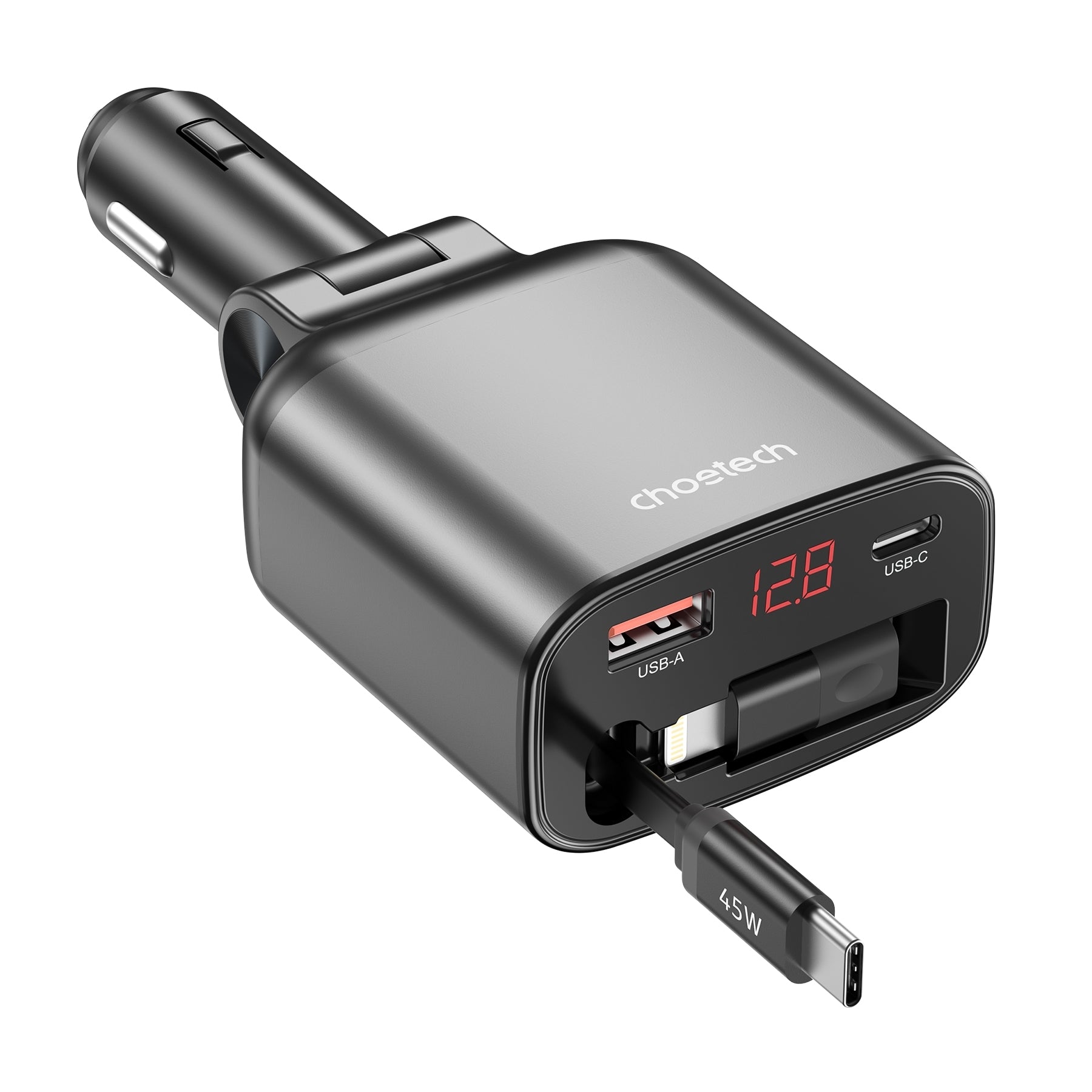 CHOETECH TC0033 105W USB-C+USB-A Fast car charger with Stretchable USB-C + Lightning cables 3