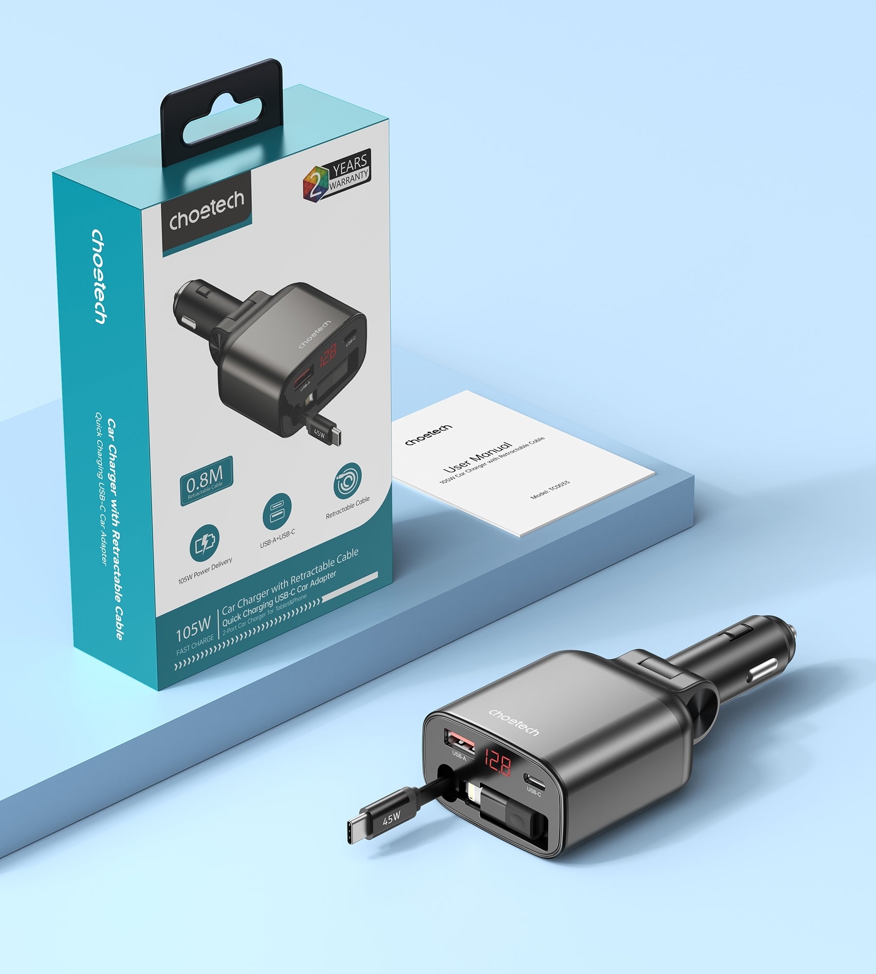 CHOETECH TC0033 105W USB-C+USB-A Fast car charger with Stretchable USB-C + Lightning cables 4