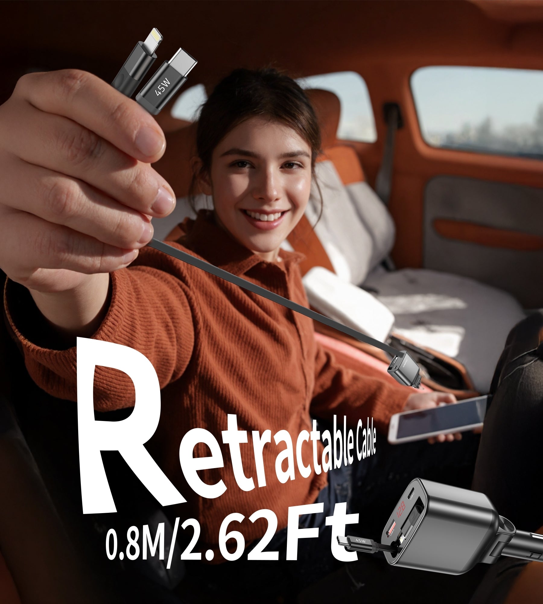 CHOETECH TC0033 105W USB-C+USB-A Fast car charger with Stretchable USB-C + Lightning cables 6