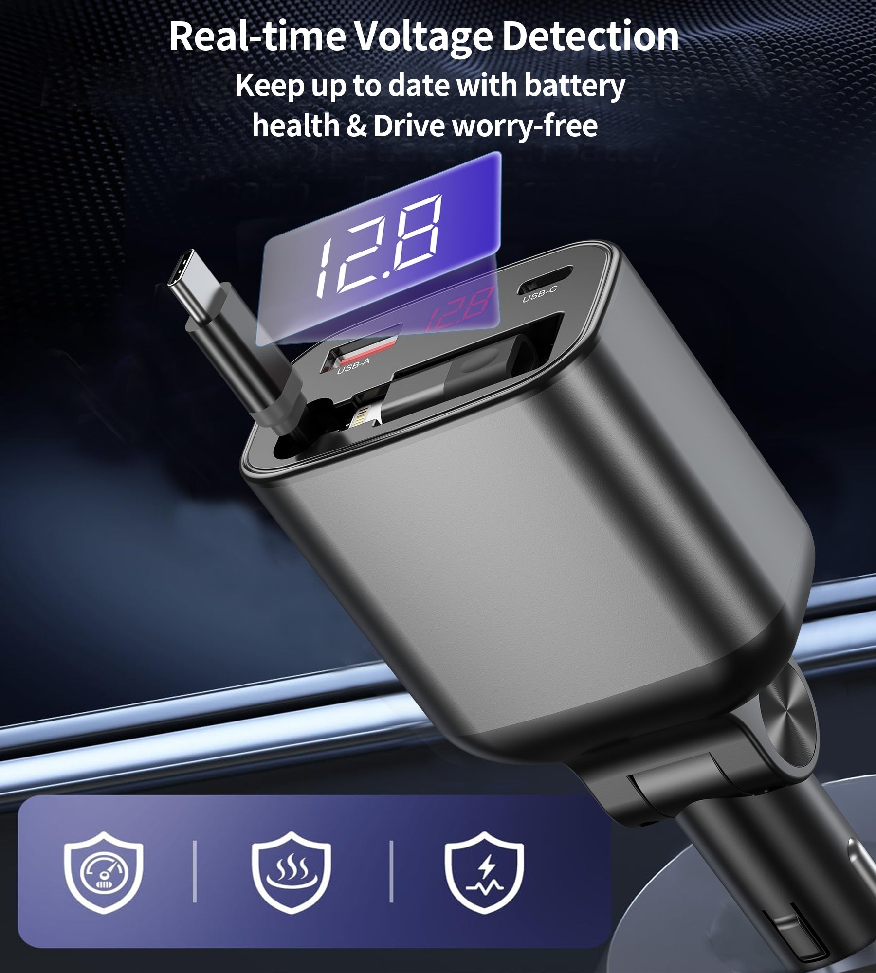 CHOETECH TC0033 105W USB-C+USB-A Fast car charger with Stretchable USB-C + Lightning cables 7