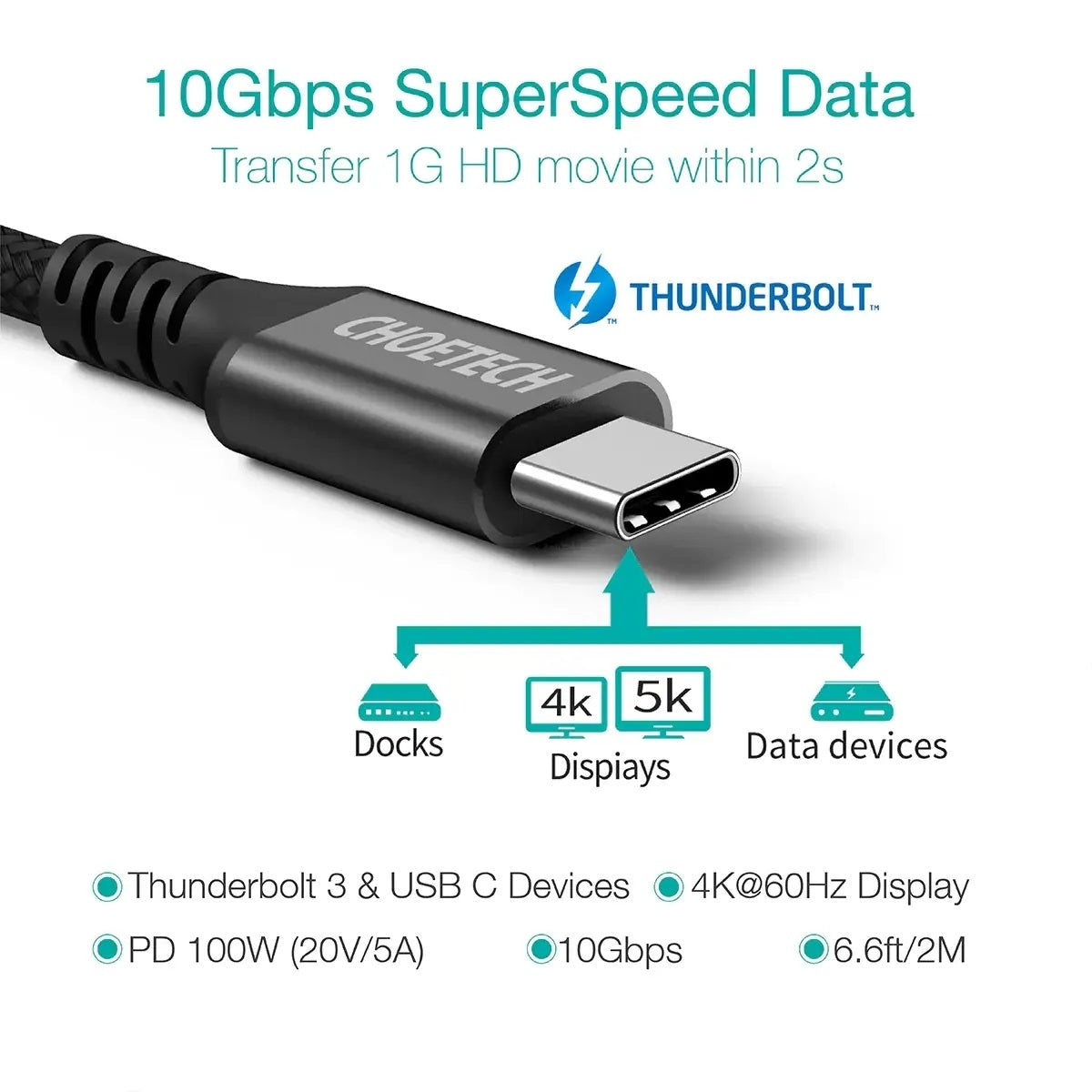 CHOETECH XCC-1027 USB-C M to M PD100W 5 Cable 2M 3