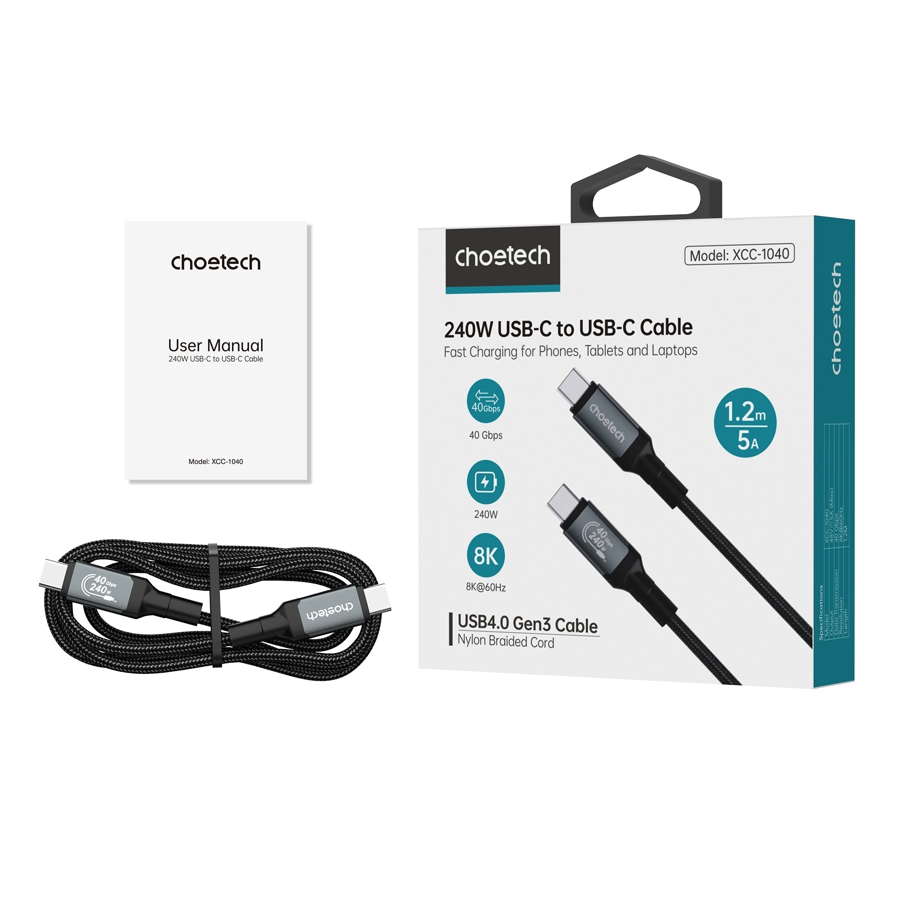 CHOETECH XCC-1042 Gen3.0 USB4.0 with 8K @ 60hz Video & Audio 240W USB-C to C Braided Cable 2M 3