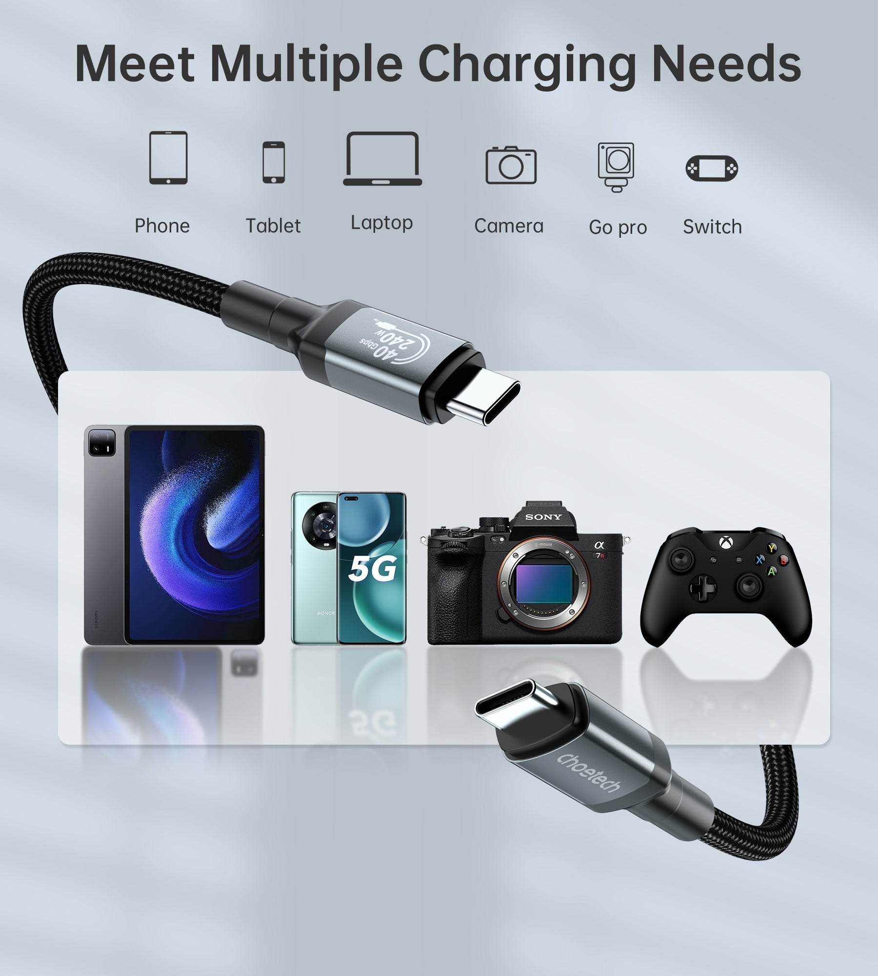 CHOETECH XCC-1042 Gen3.0 USB4.0 with 8K @ 60hz Video & Audio 240W USB-C to C Braided Cable 2M 4