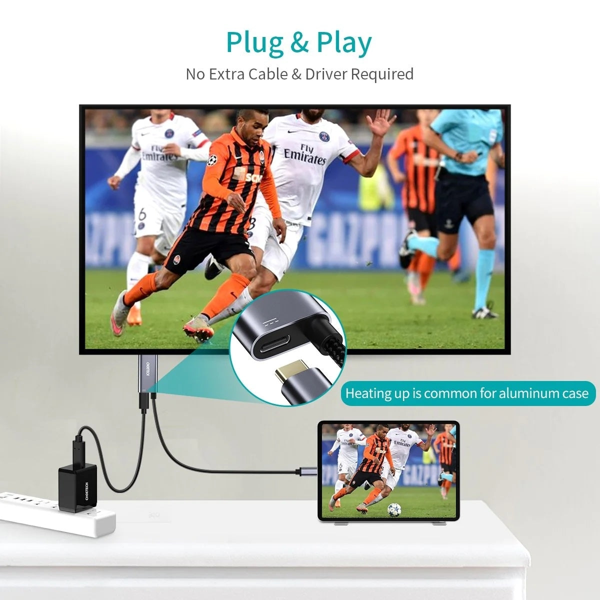 CHOETECH XCH-M180-GY-V2 Unidirectional Adapter USB-C (male) to HDMI 4K 60Hz (male) + PD100W Power Delivery 1.8M 3