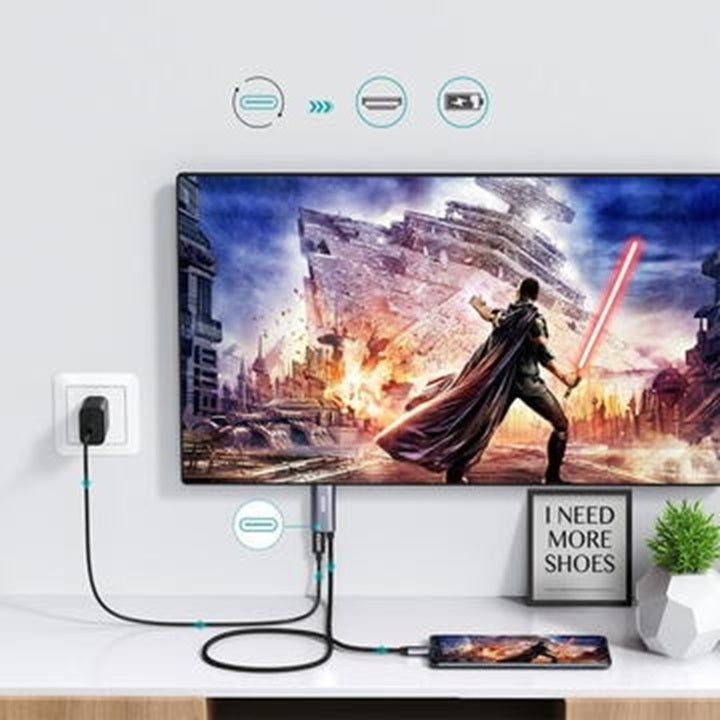 CHOETECH XCH-M180-GY-V2 Unidirectional Adapter USB-C (male) to HDMI 4K 60Hz (male) + PD100W Power Delivery 1.8M 8