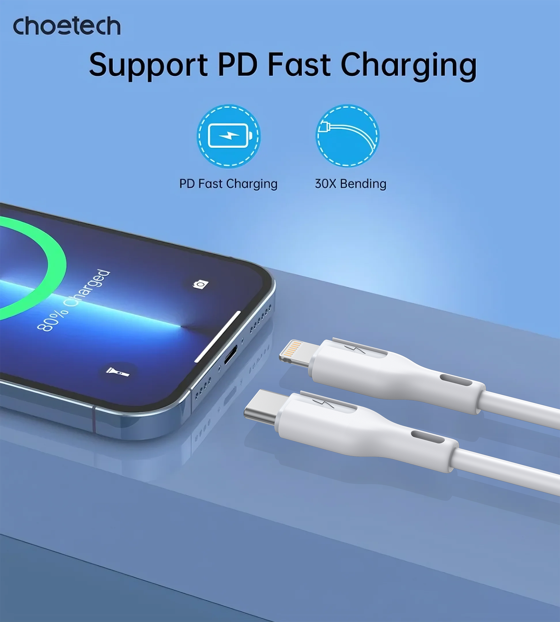 CHOETECH XCL-0002 Silicone USB-C to L Cable 1m White 4