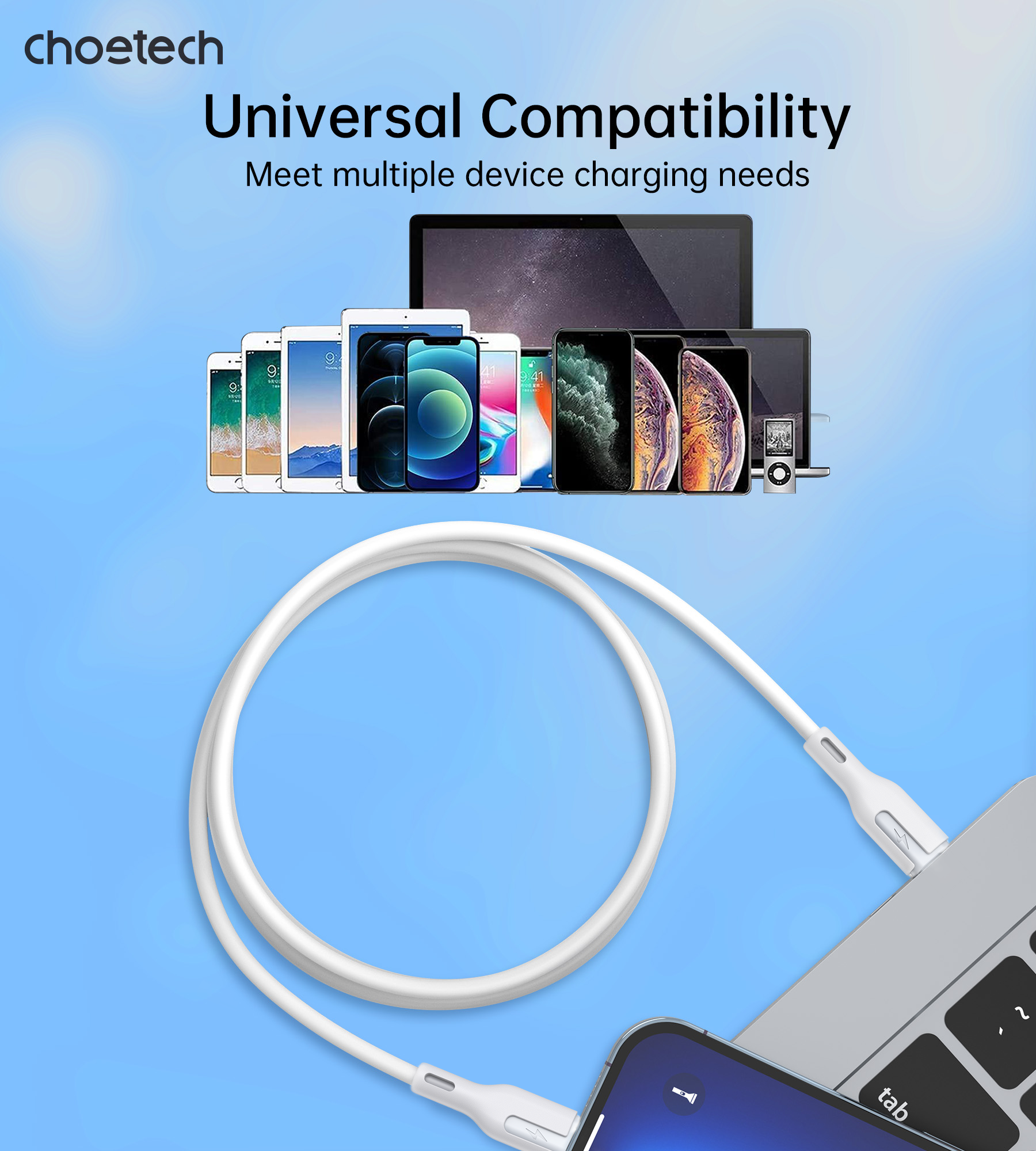 CHOETECH XCL-0002 Silicone USB-C to L Cable 1m White 5