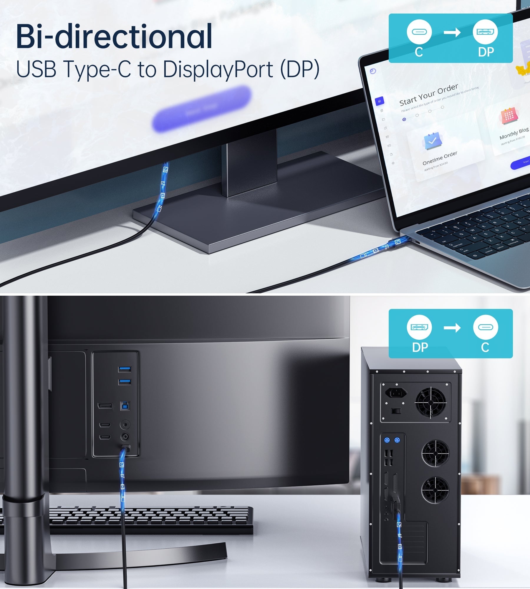 CHOETECH XCP-1803 USB-C To DisplayPort Cable 8K@30Hz 1.8M Two-Way 5