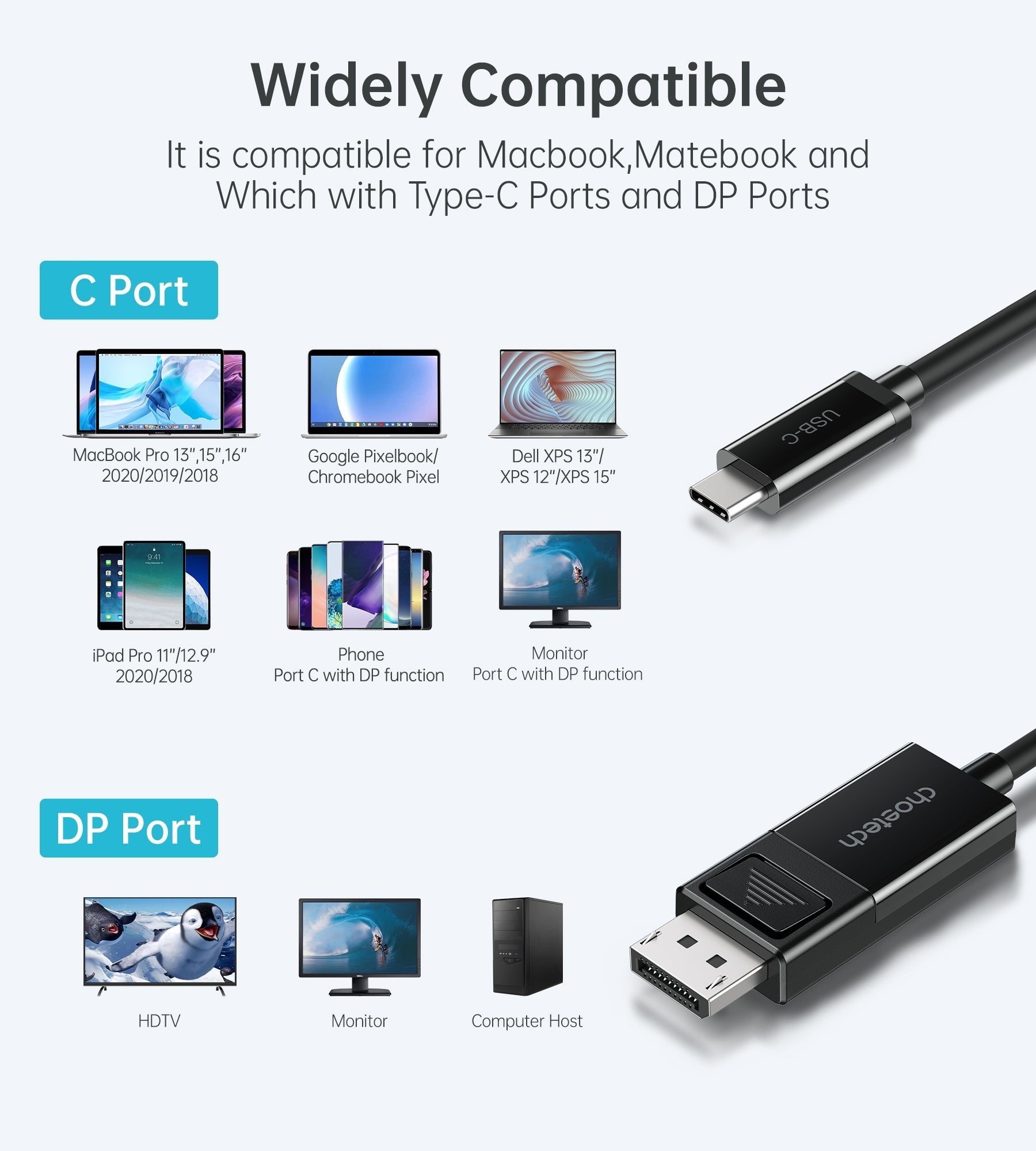 CHOETECH XCP-1803 USB-C To DisplayPort Cable 8K@30Hz 1.8M Two-Way 7