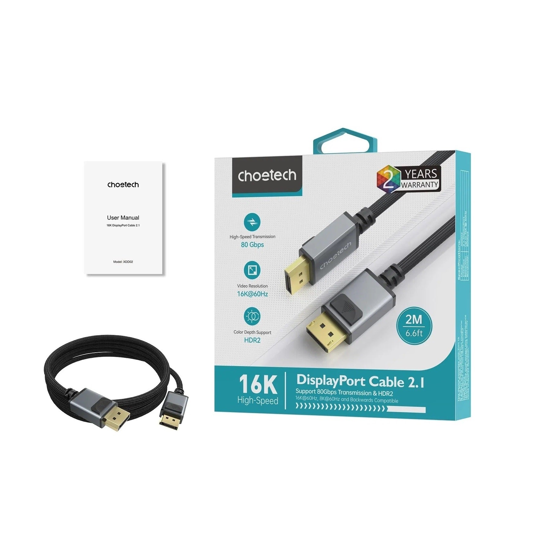 CHOETECH XDD02 16K 60Hz DP to DP Cable 2M 3