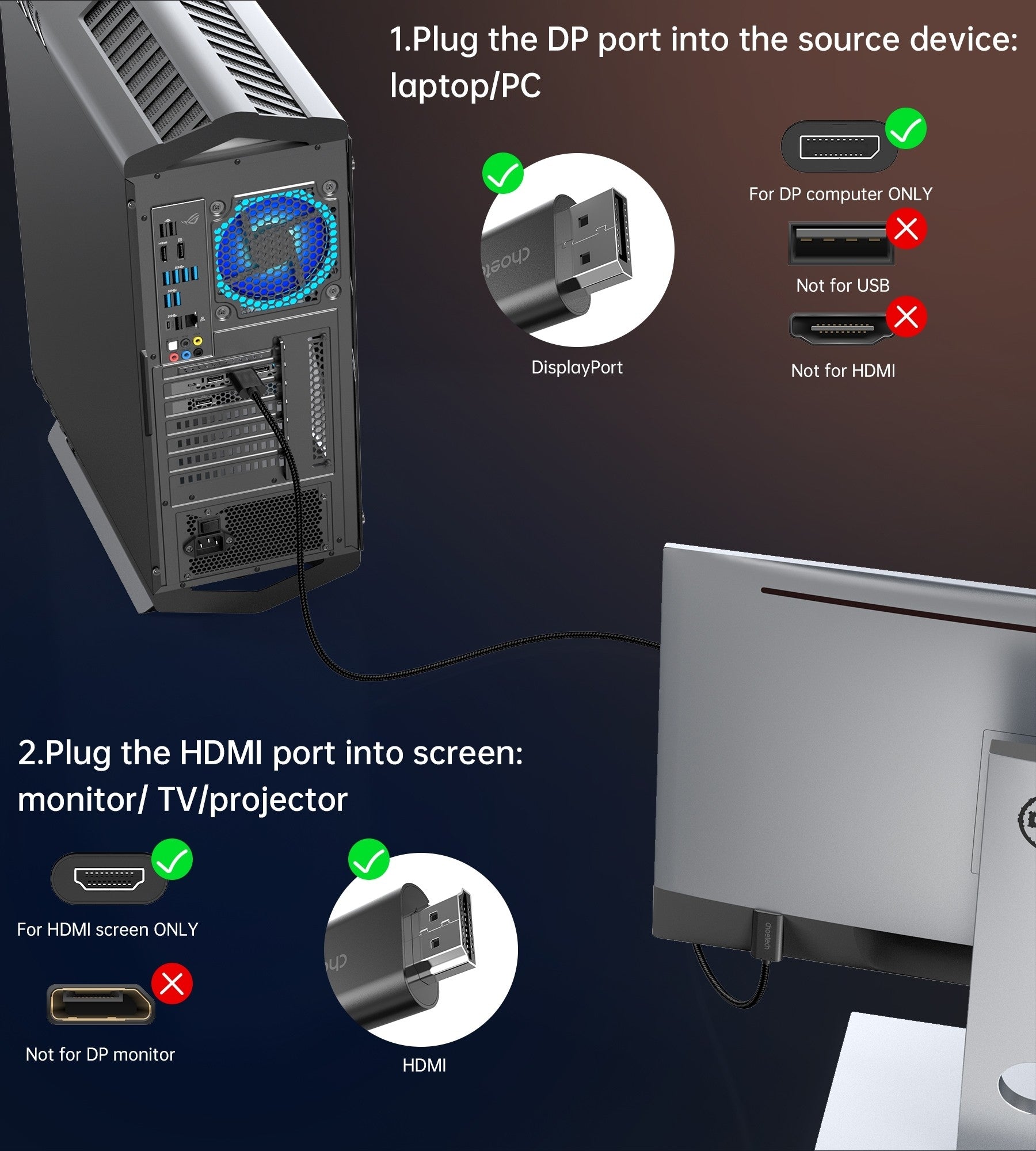 CHOETECH XDH01 4K 60Hz DisplayPort Male to HDMI Male Braided Cable 2M 8