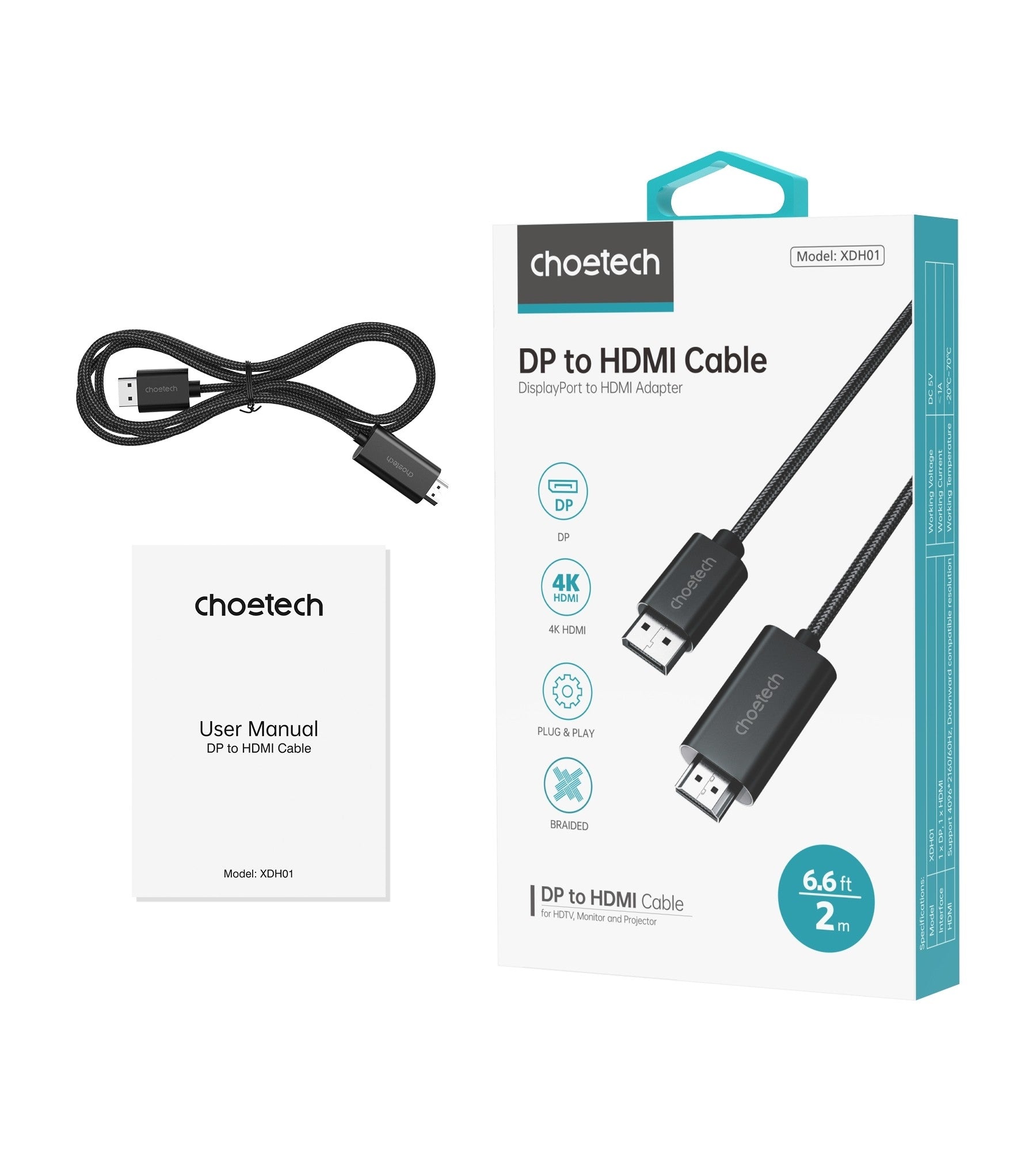 CHOETECH XDH01 4K 60Hz DisplayPort Male to HDMI Male Braided Cable 2M 10