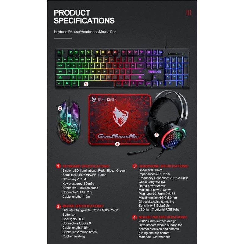 T-Wolf TF400 4-pcs Rainbow Keyboard/Mouse/Headphone/Mouse Pad Kit Set 7