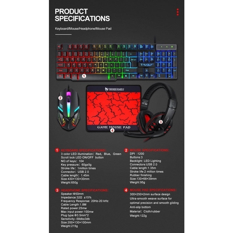 T-Wolf TF800 RGB 4-pcs Gaming Keyboard/Mouse/Headphone/Mouse Pad Kit Set 8