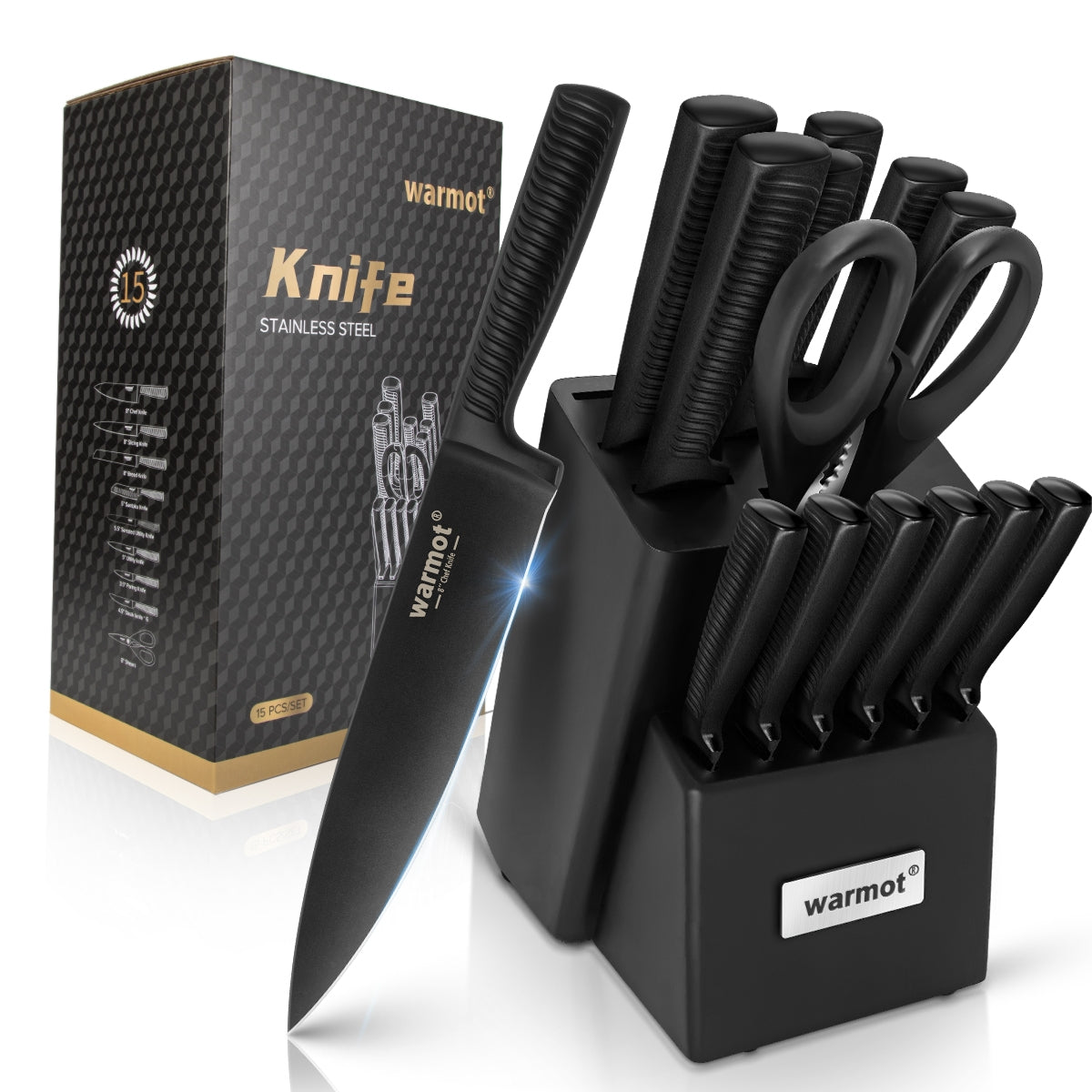 Warmot 15-Piece Ultra Sharp German Stainless Chef Knife Set with Sharpener Block (826) 5